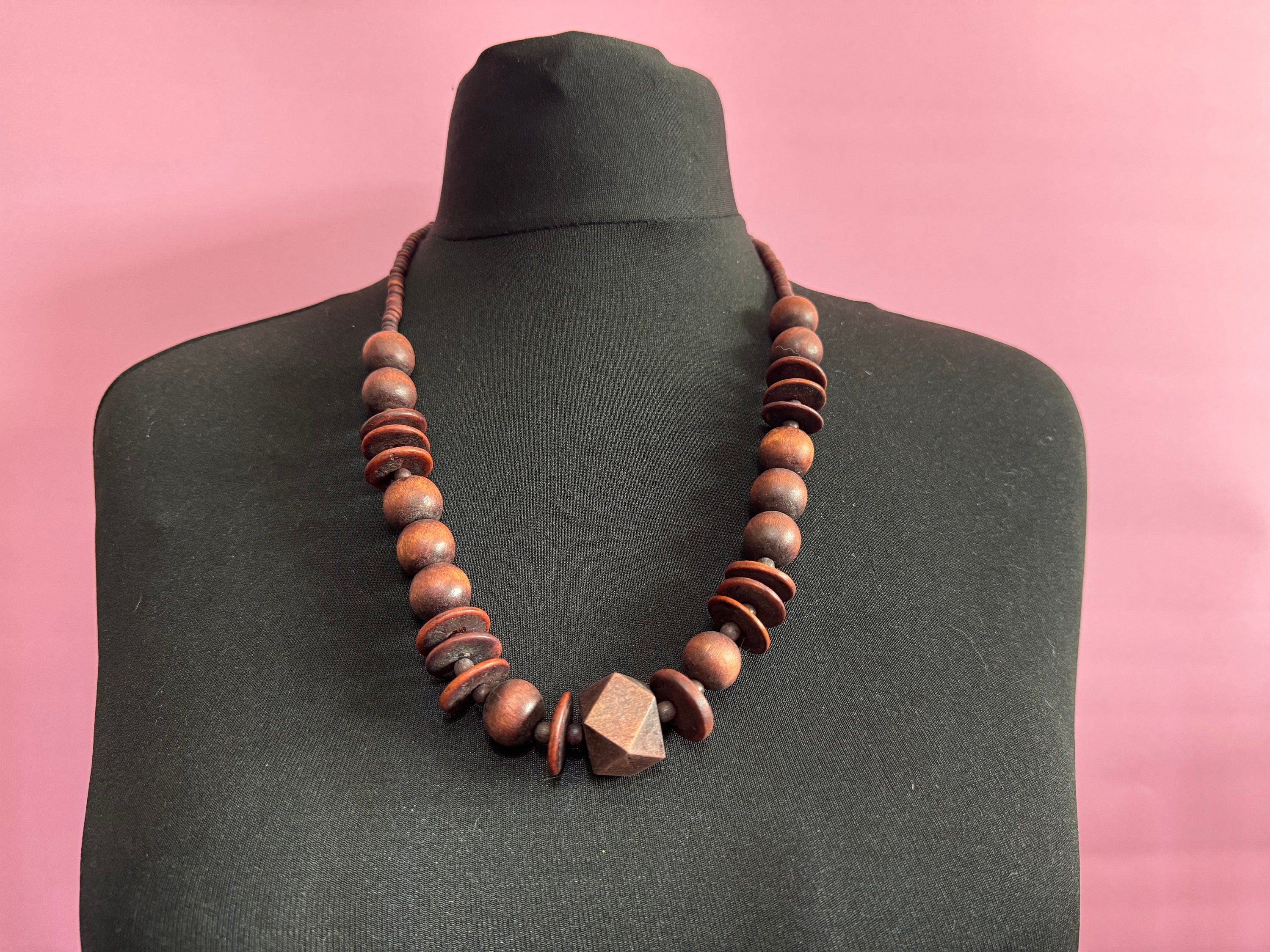 Chunky Vintage Wooden Beaded Necklace: Dark Brown Boho Jewelry
