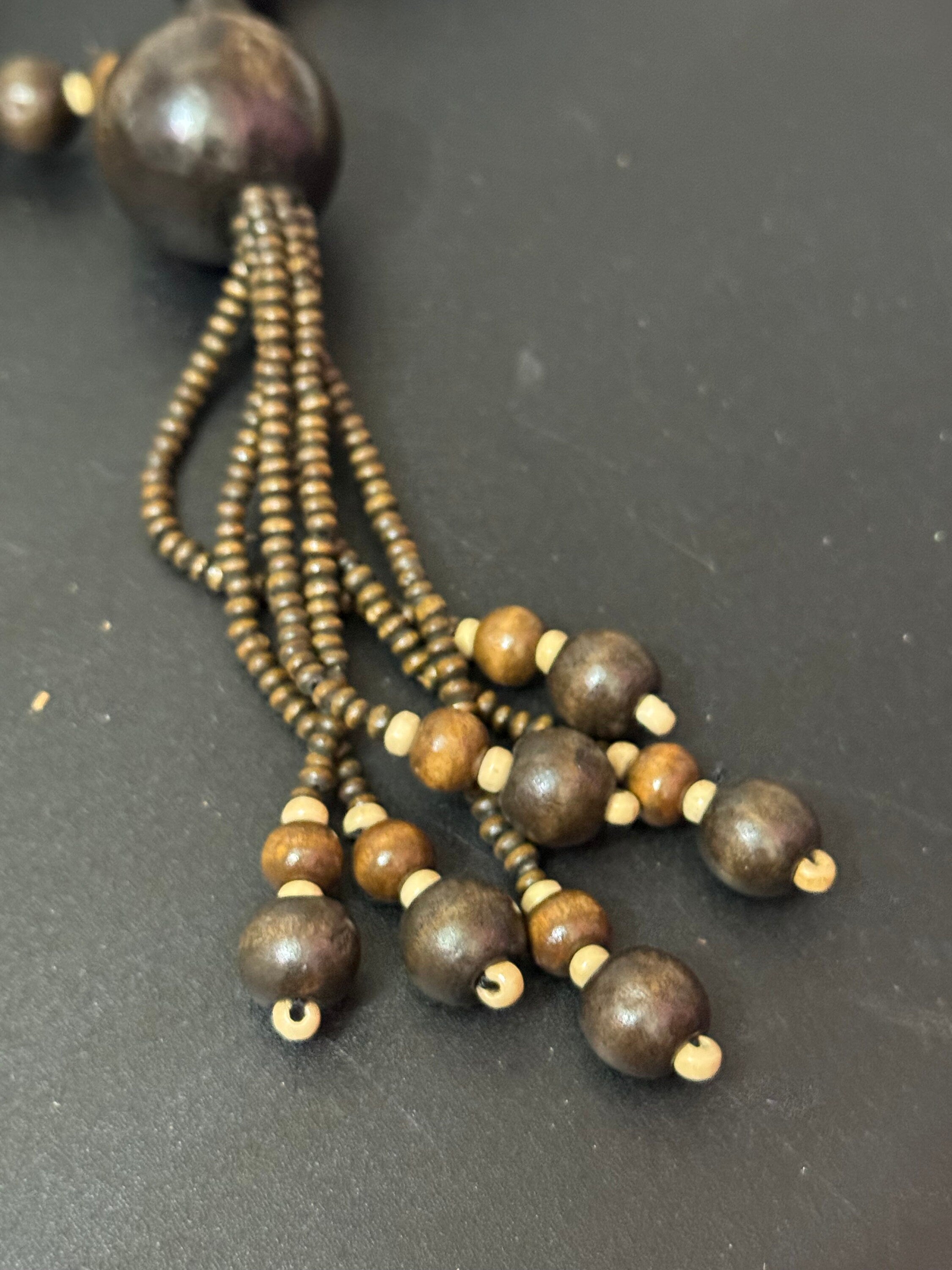 chunky vintage dark reddish brown wooden natural nut round beaded layering tassel necklace boho festival jewellery