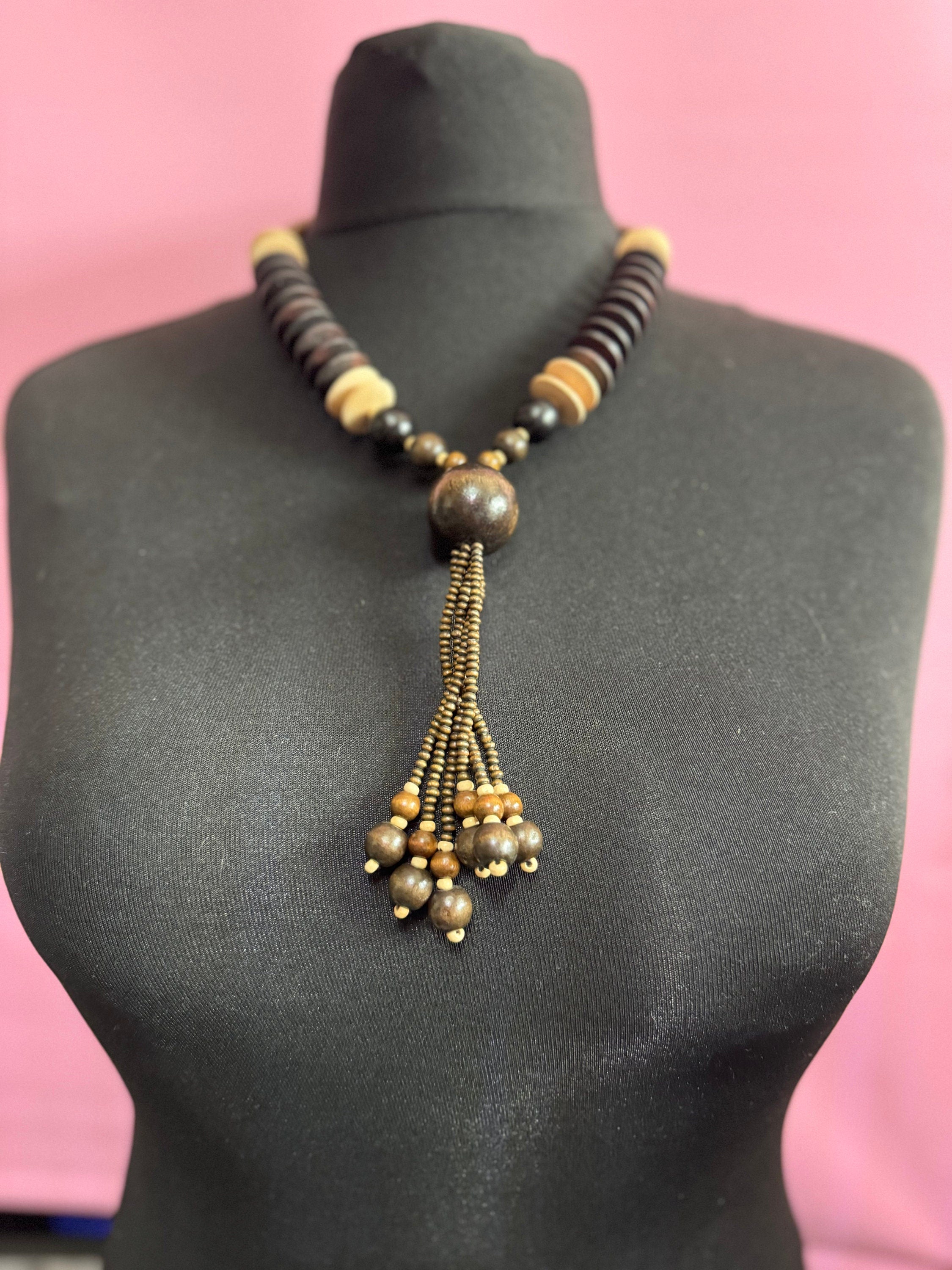 chunky vintage dark reddish brown wooden natural nut round beaded layering tassel necklace boho festival jewellery