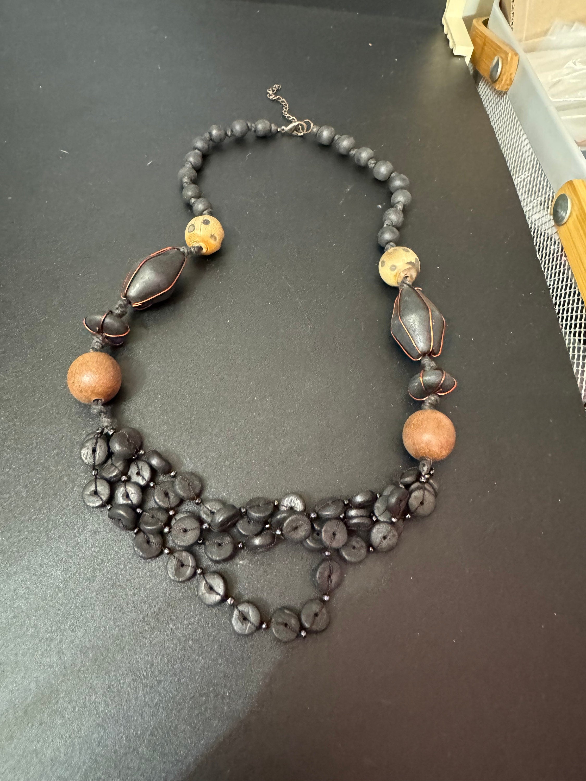 Vintage Chunky Wooden Beaded Collar Necklace: Boho Layering Jewelry