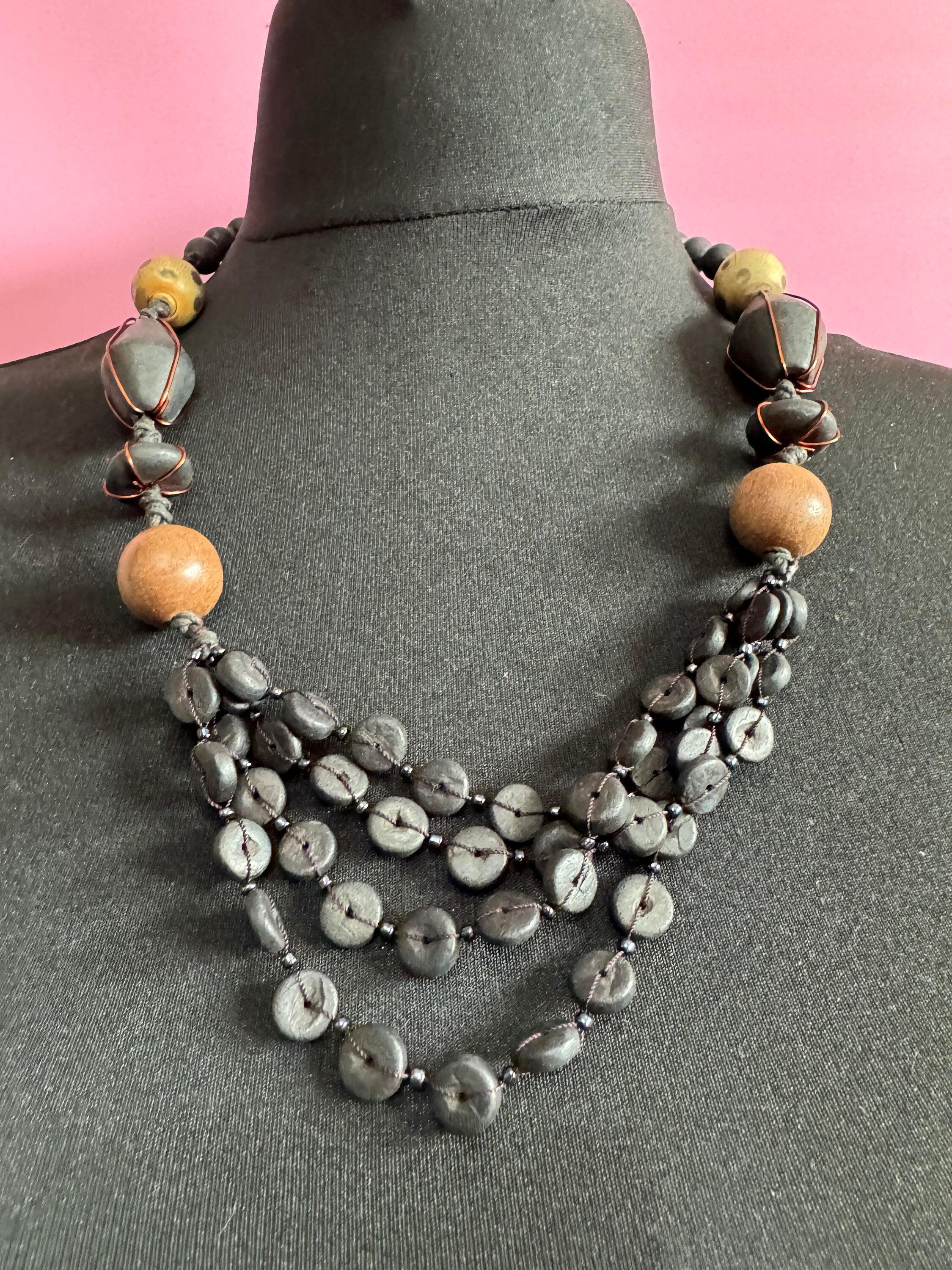 Vintage Chunky Wooden Beaded Collar Necklace: Boho Layering Jewelry