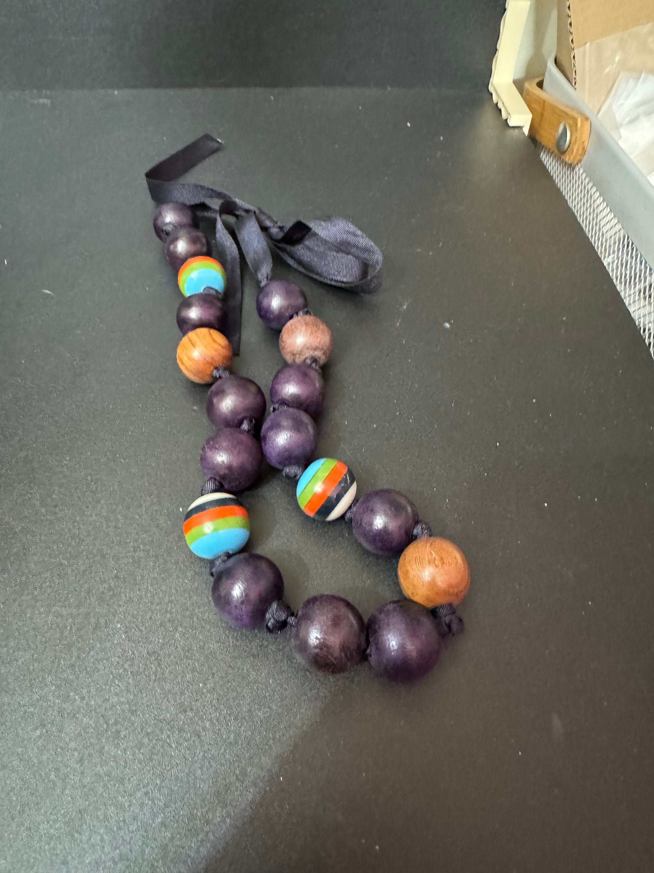 Chunky Vintage Wooden Beaded Necklace: Boho Ribbon Tie Jewellery