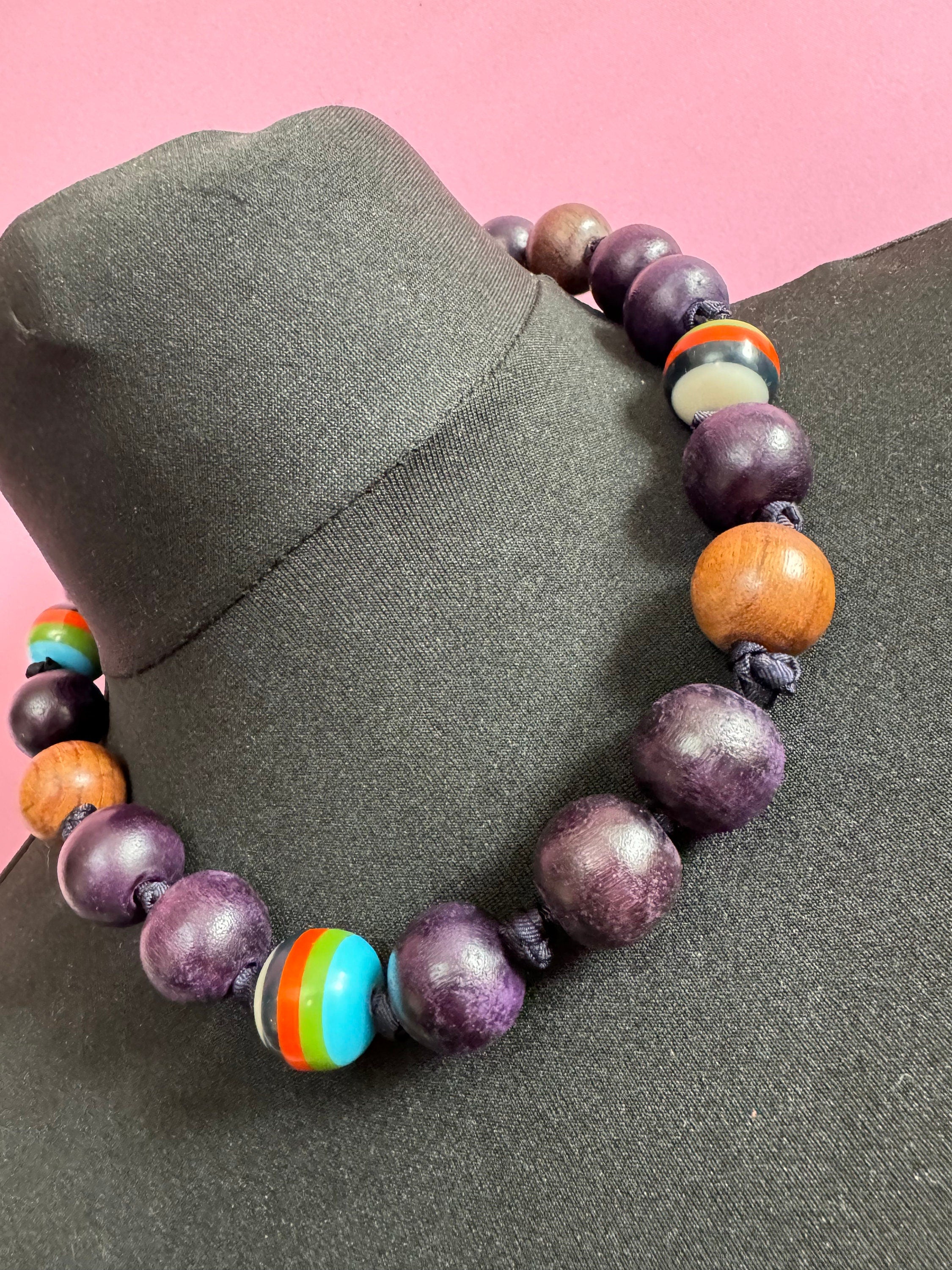 Chunky Vintage Wooden Beaded Necklace: Boho Ribbon Tie Jewellery