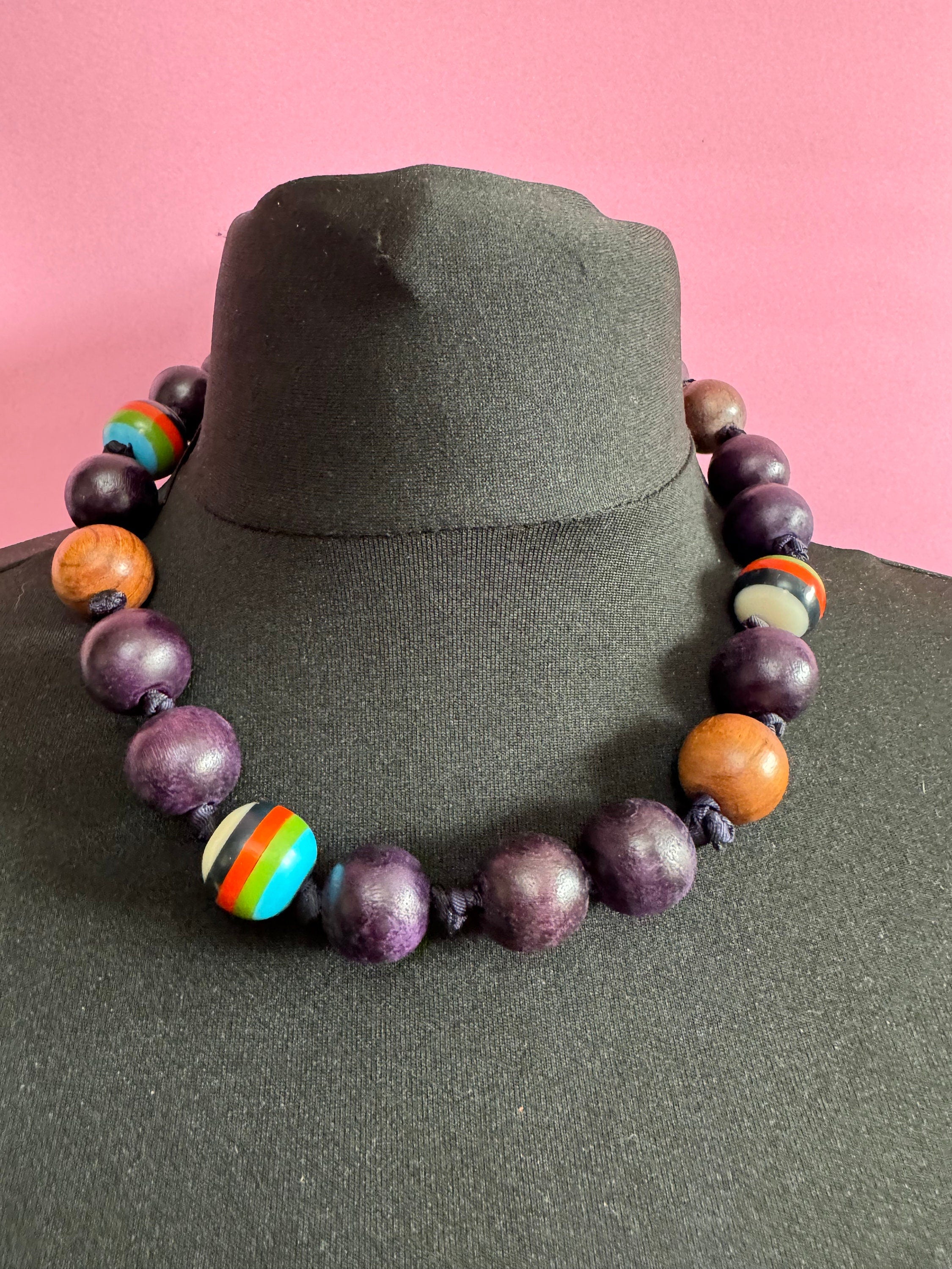 Chunky Vintage Wooden Beaded Necklace: Boho Ribbon Tie Jewellery