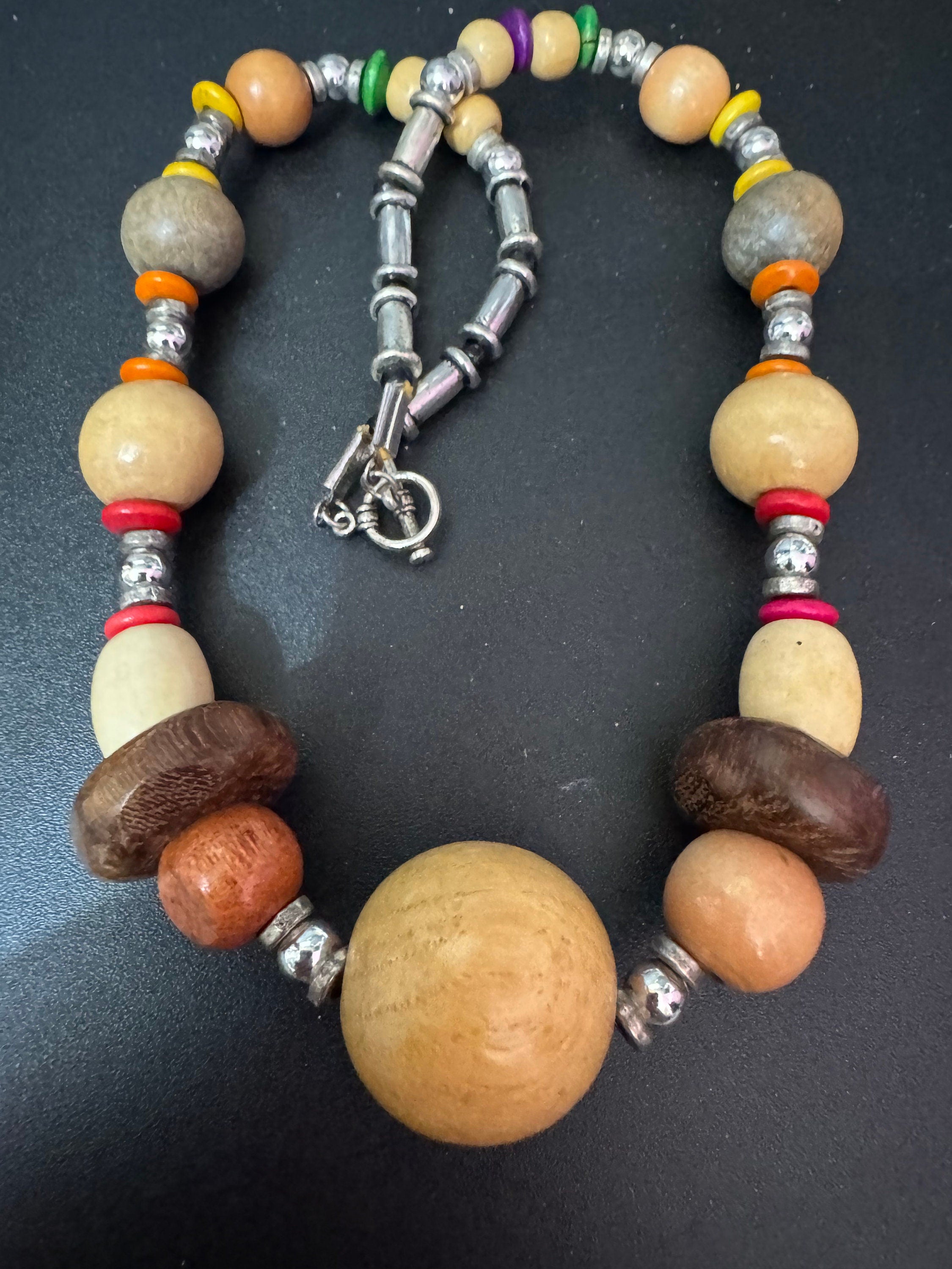 vintage light and dark brown wooden natural nut round beaded layering necklace boho festival jewellery silver beads