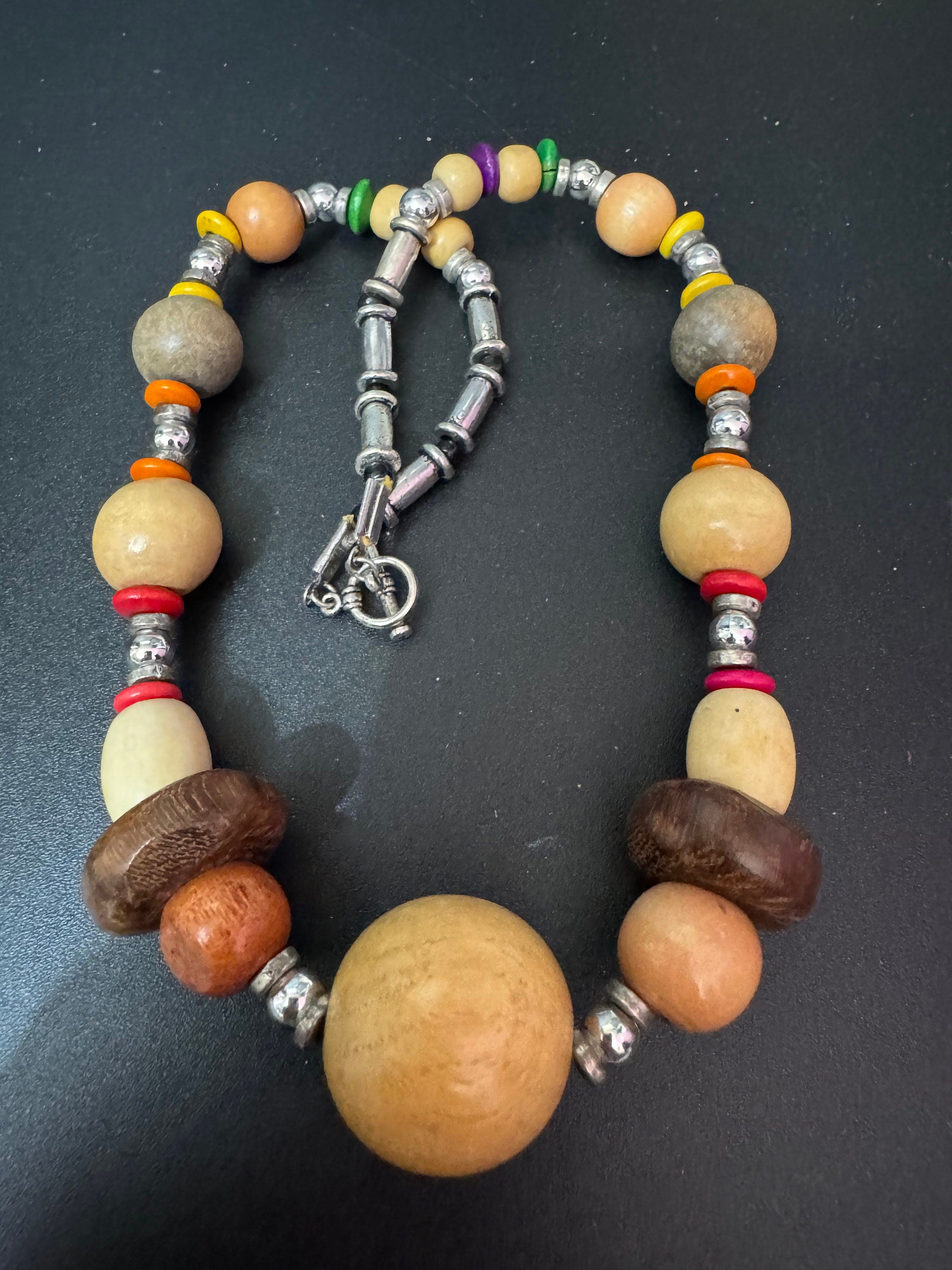 vintage light and dark brown wooden natural nut round beaded layering necklace boho festival jewellery silver beads