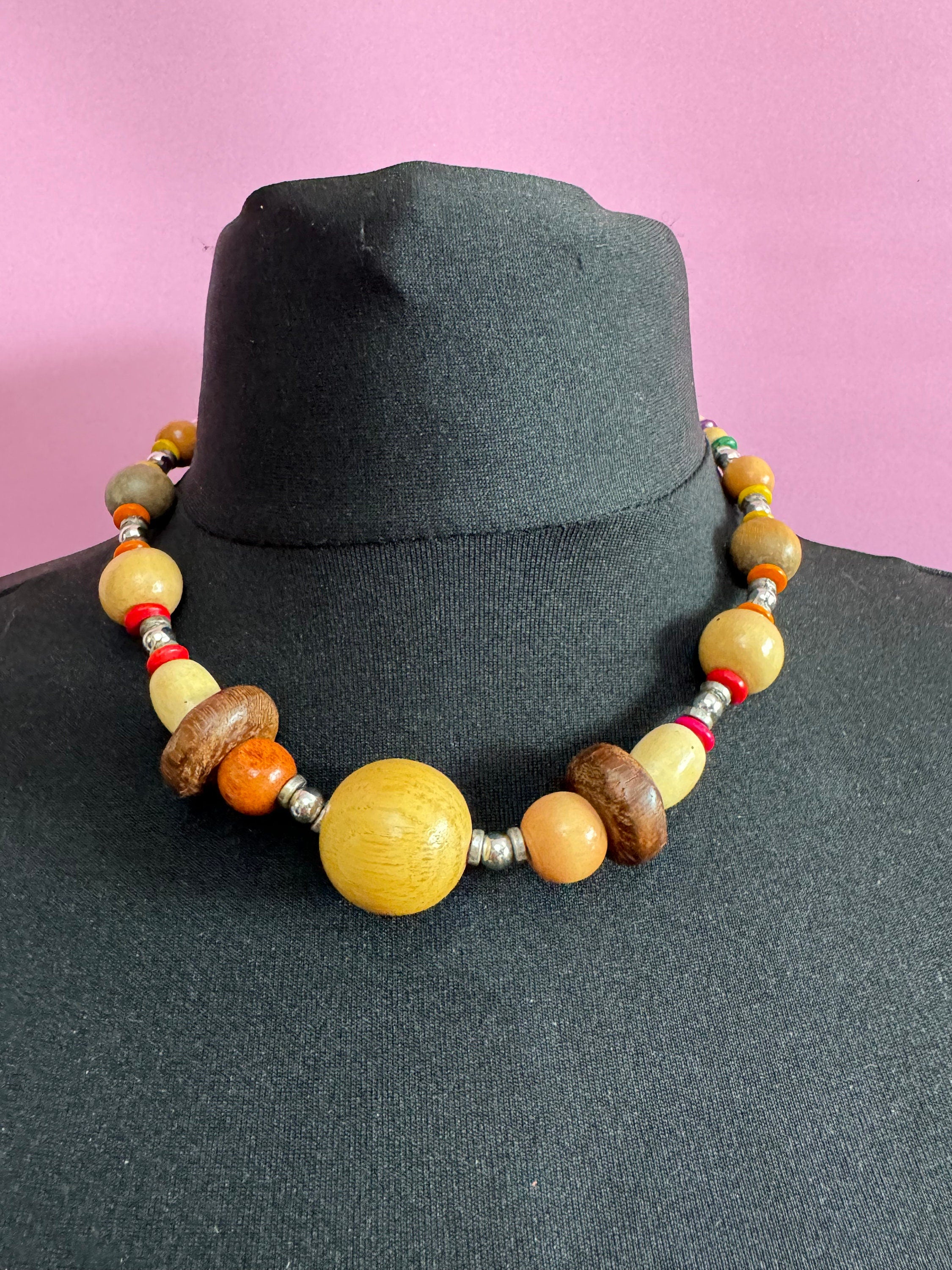 vintage light and dark brown wooden natural nut round beaded layering necklace boho festival jewellery silver beads