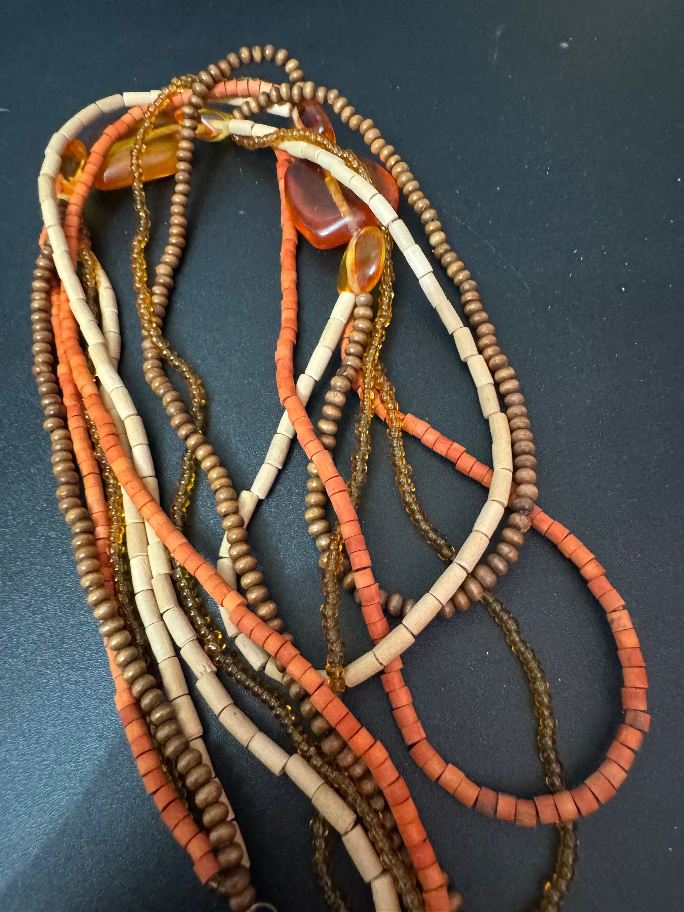 vintage orange and brown wooden glass natural nut beaded Multi-strand collar necklace boho festival jewellery