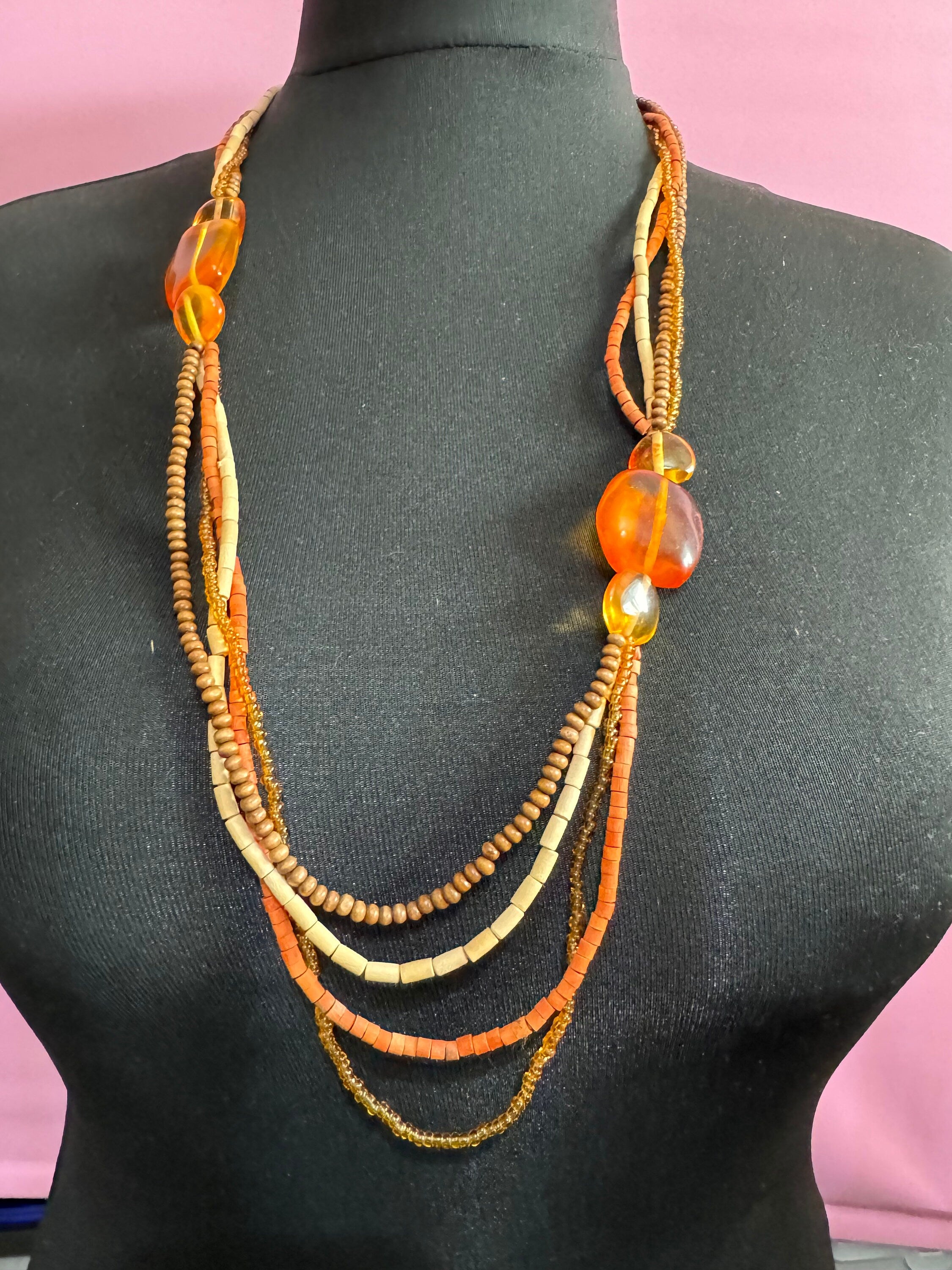 vintage orange and brown wooden glass natural nut beaded Multi-strand collar necklace boho festival jewellery