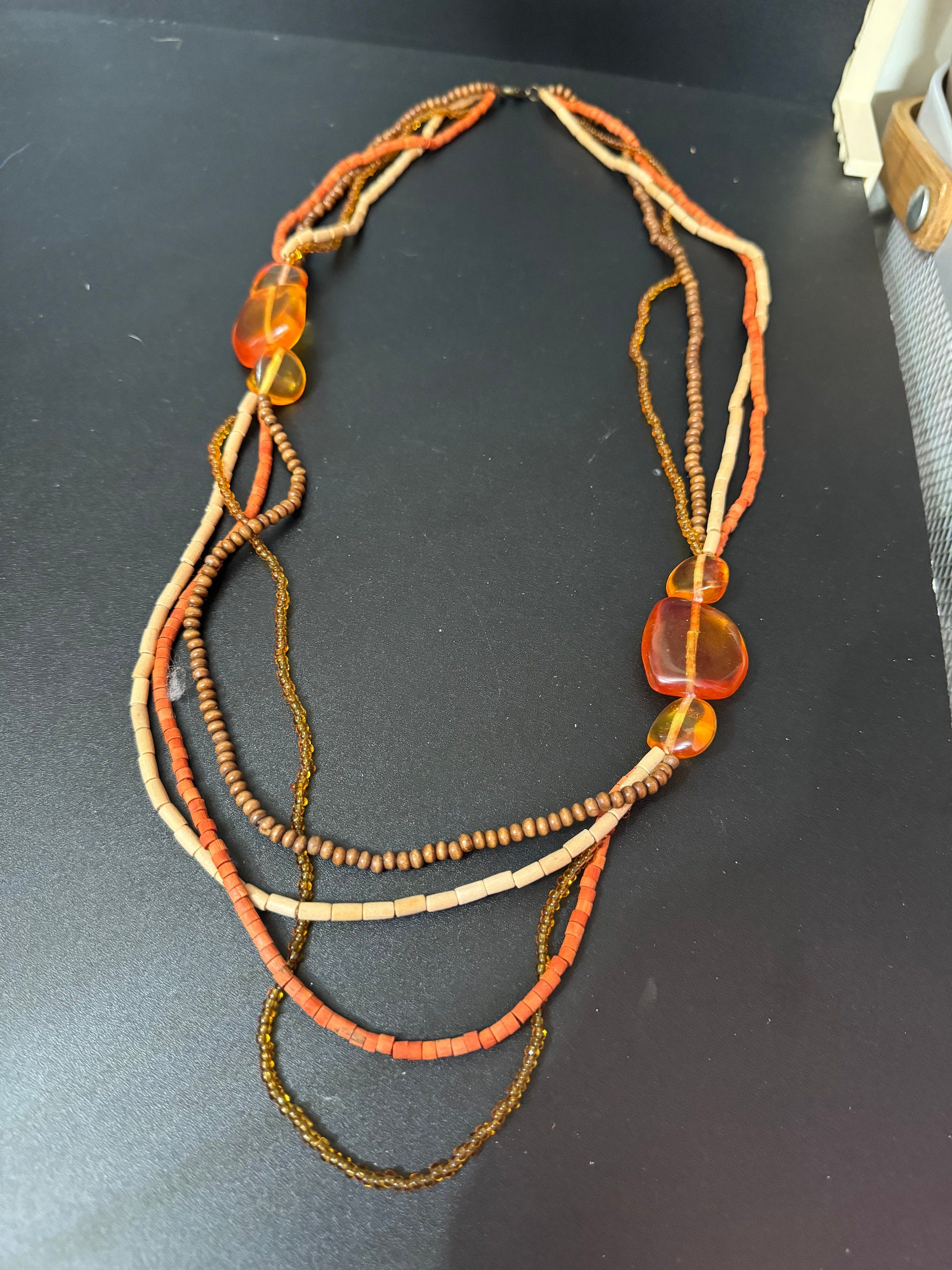 vintage orange and brown wooden glass natural nut beaded Multi-strand collar necklace boho festival jewellery