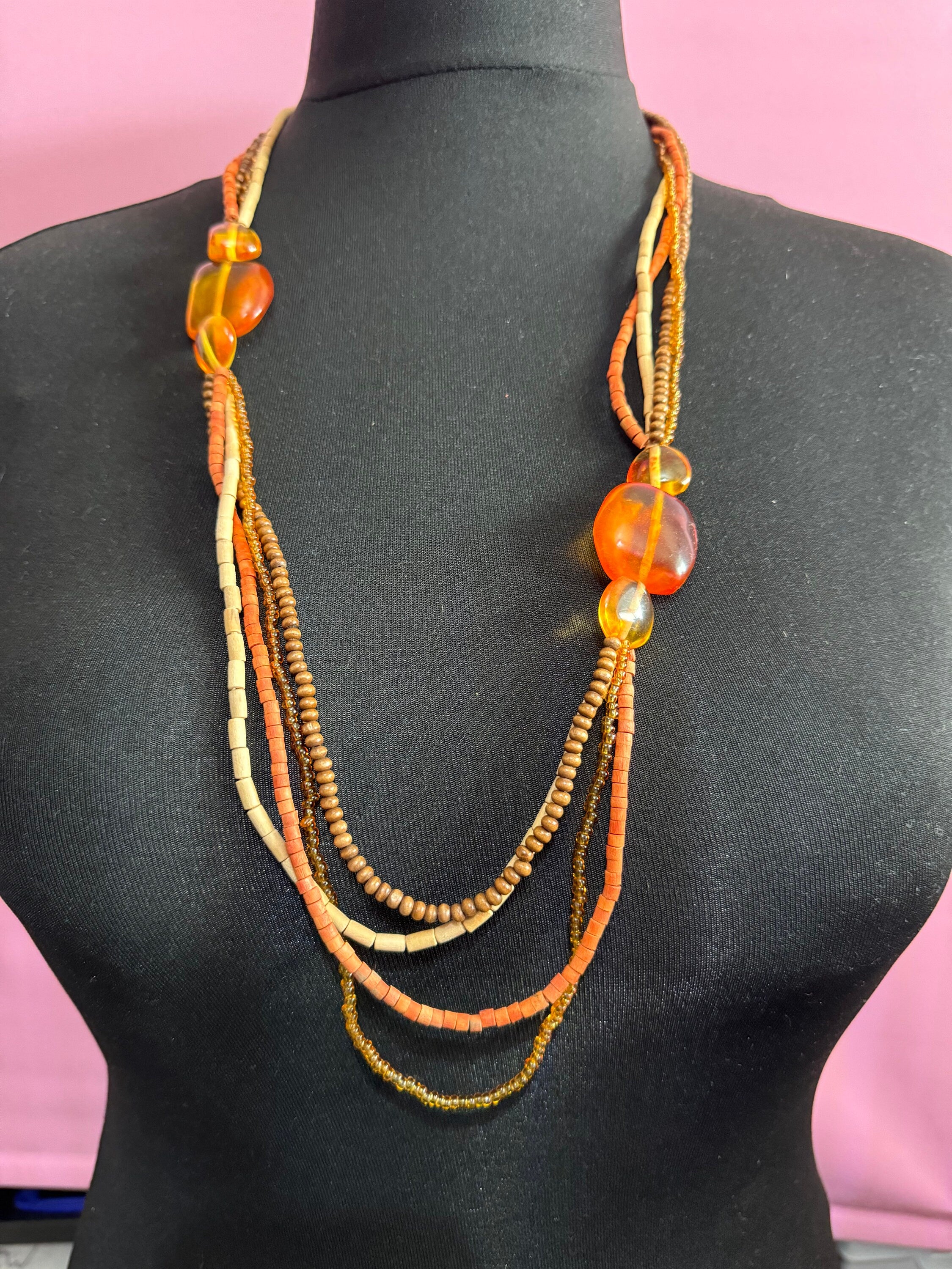 vintage orange and brown wooden glass natural nut beaded Multi-strand collar necklace boho festival jewellery