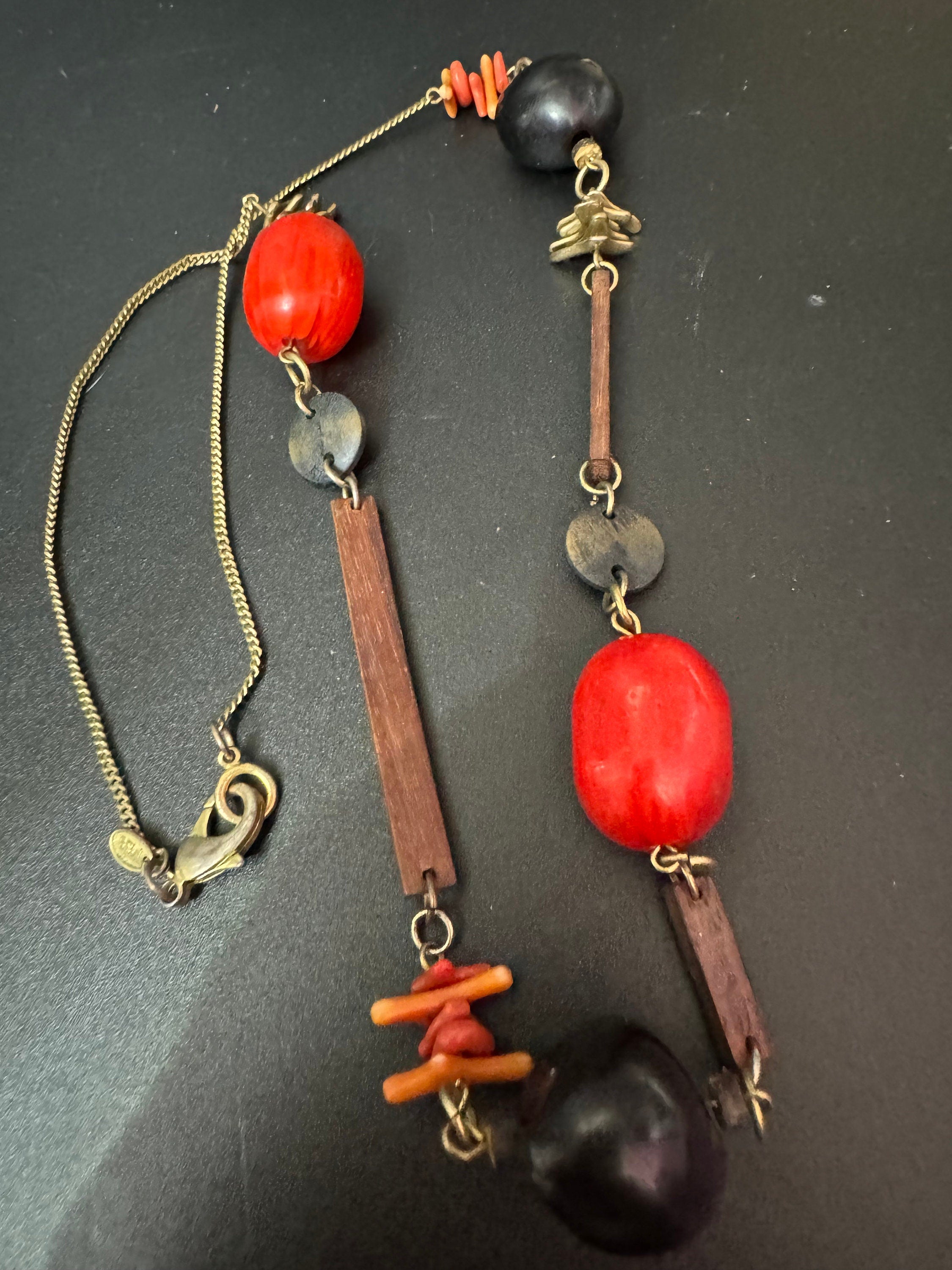 vintage black red and brown wooden natural nut round beaded layering necklace boho festival jewellery