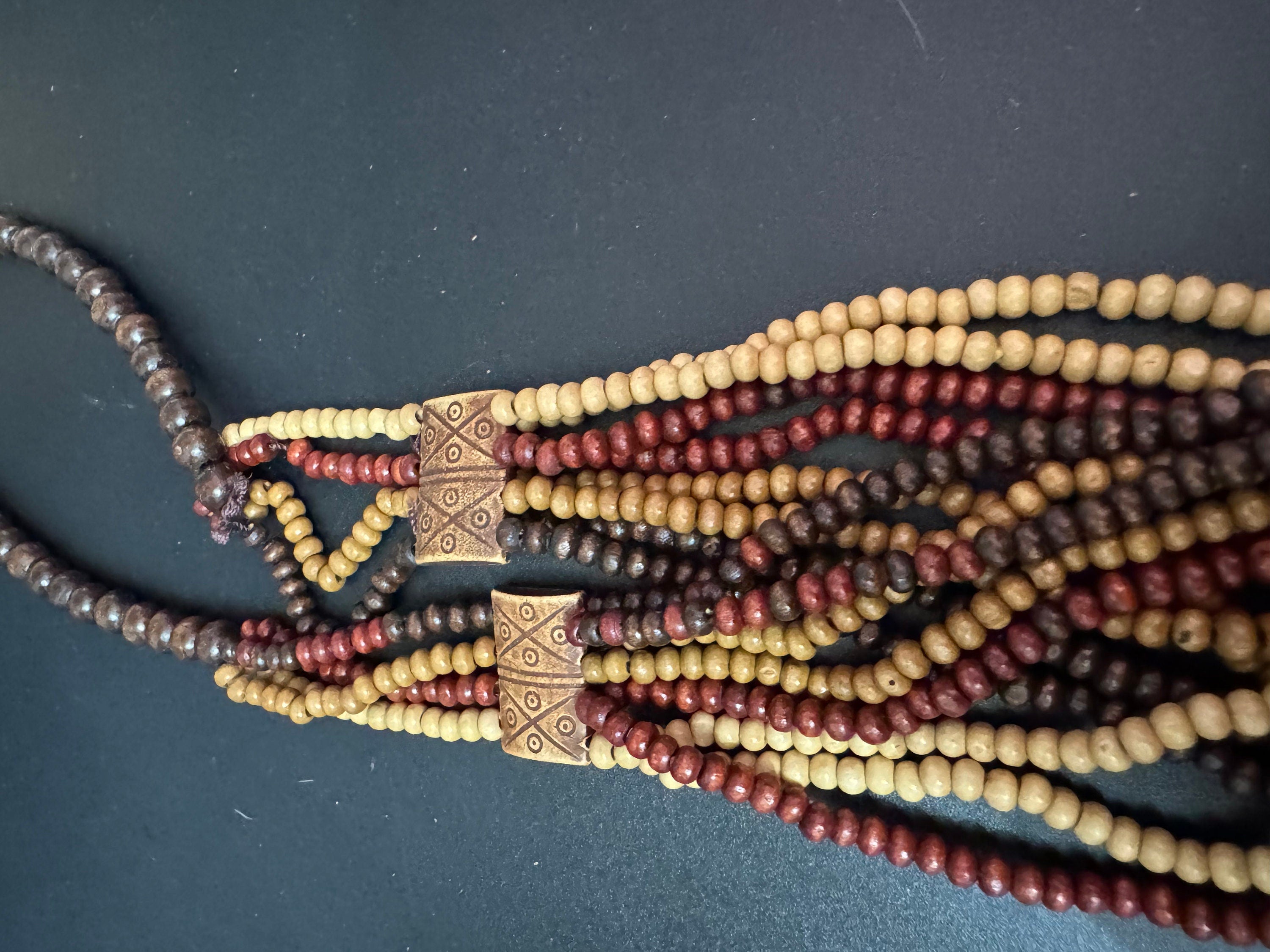 vintage beige and brown wooden natural nut round beaded layering necklace boho festival jewellery