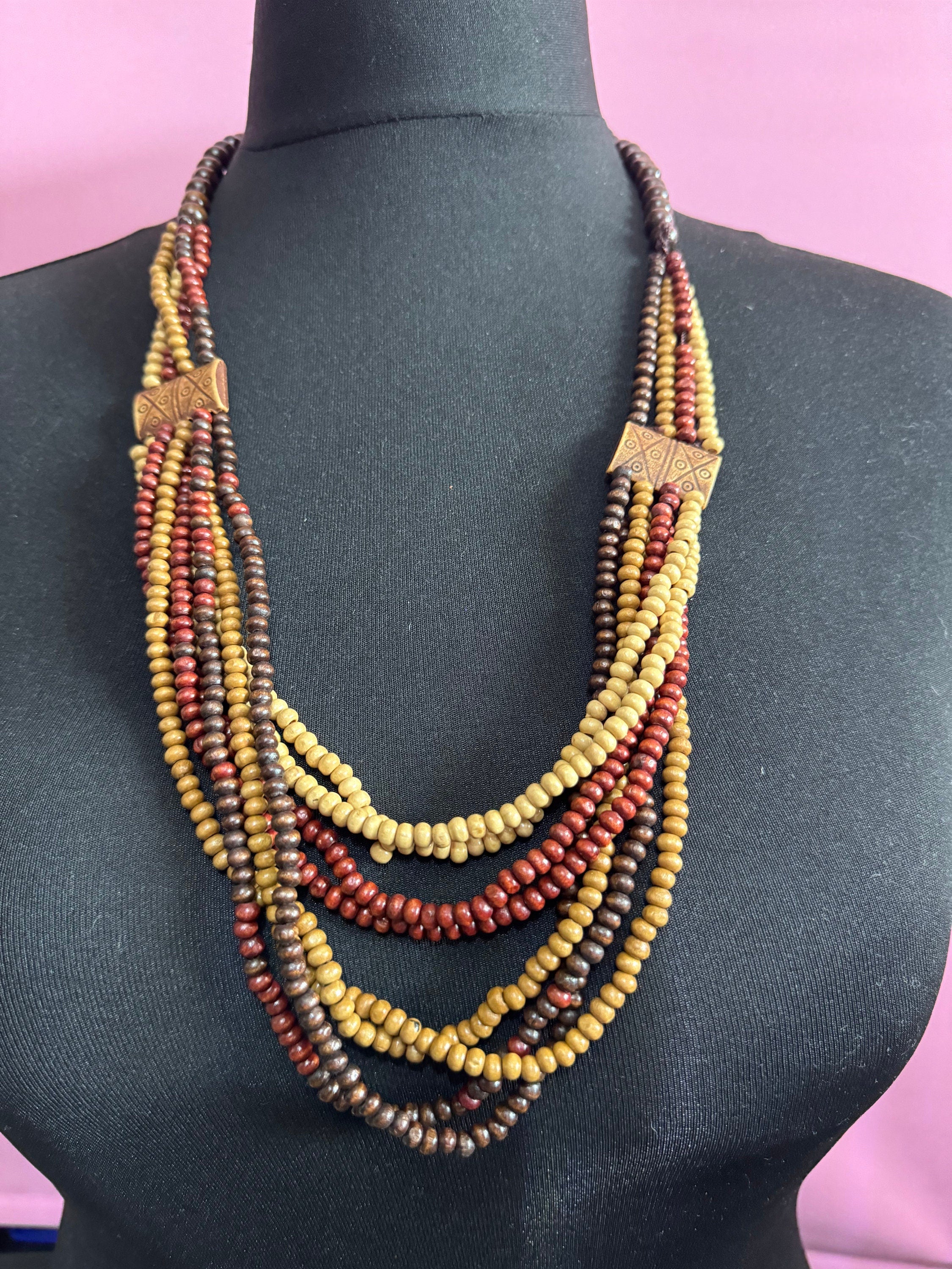 vintage beige and brown wooden natural nut round beaded layering necklace boho festival jewellery