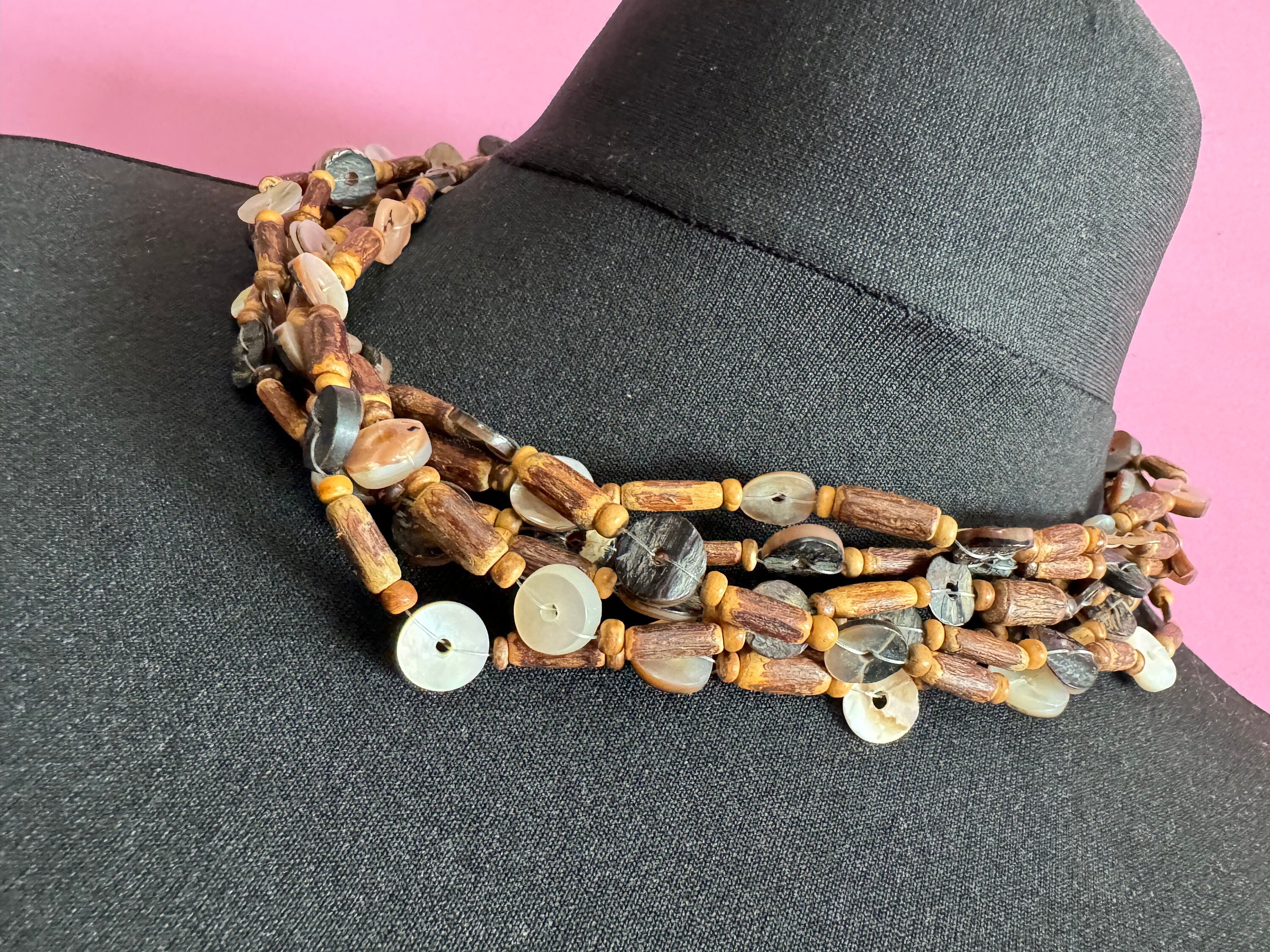 Vintage Boho Multi-Strand Necklace: Natural Shell, Wood & Nut Beads