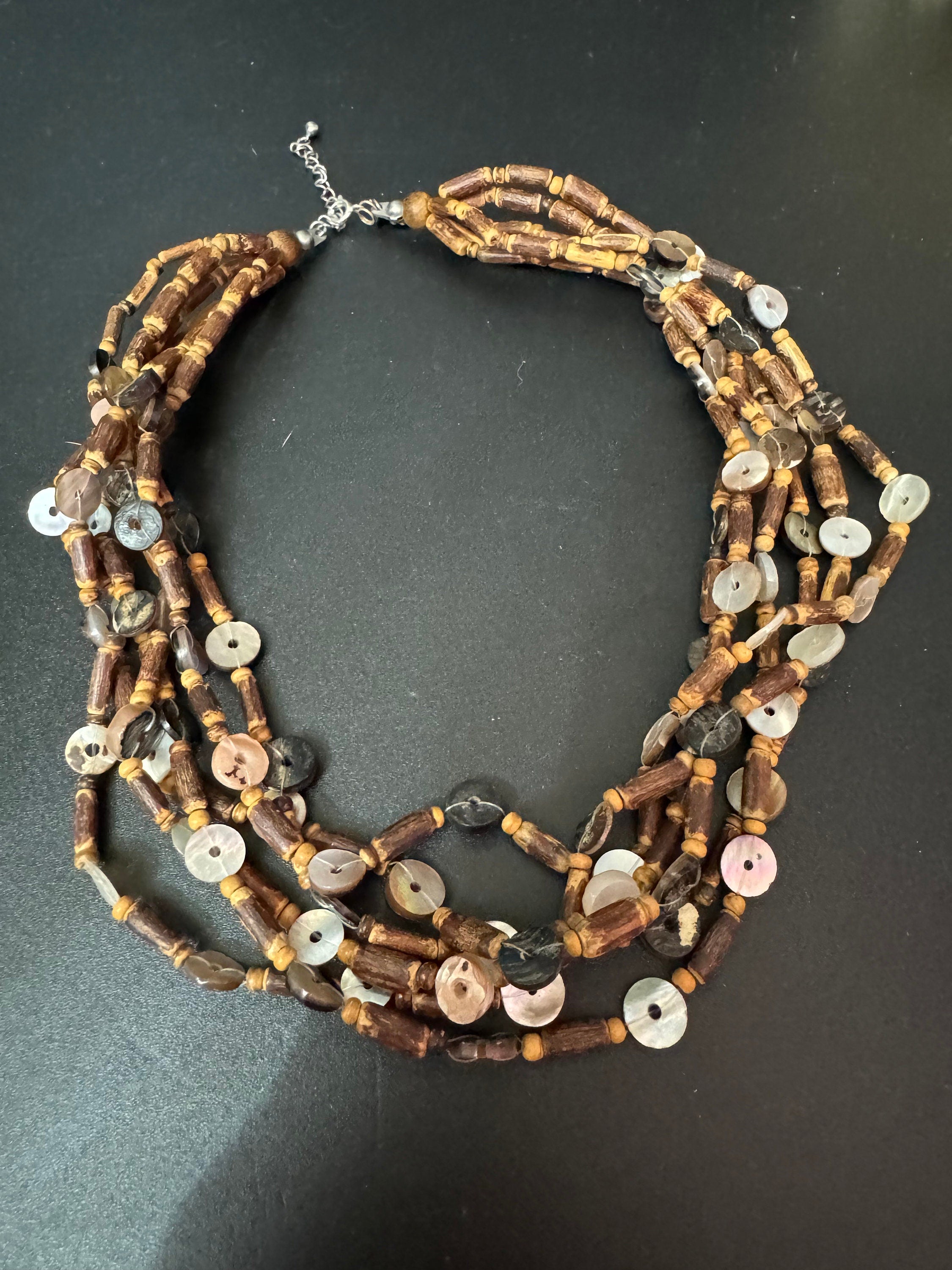 Vintage Boho Multi-Strand Necklace: Natural Shell, Wood & Nut Beads