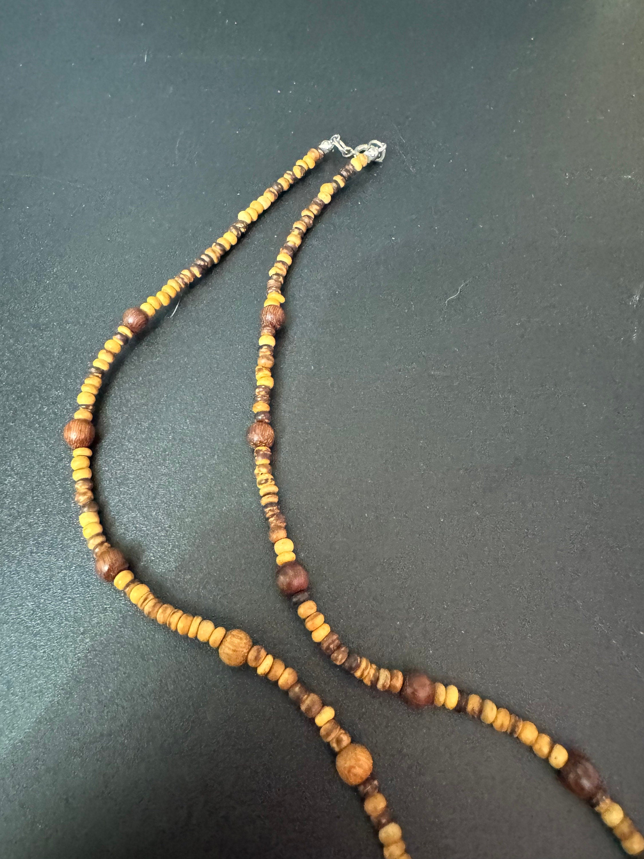 vintage dark brown wooden beaded carved pendant necklace boho festival jewellery