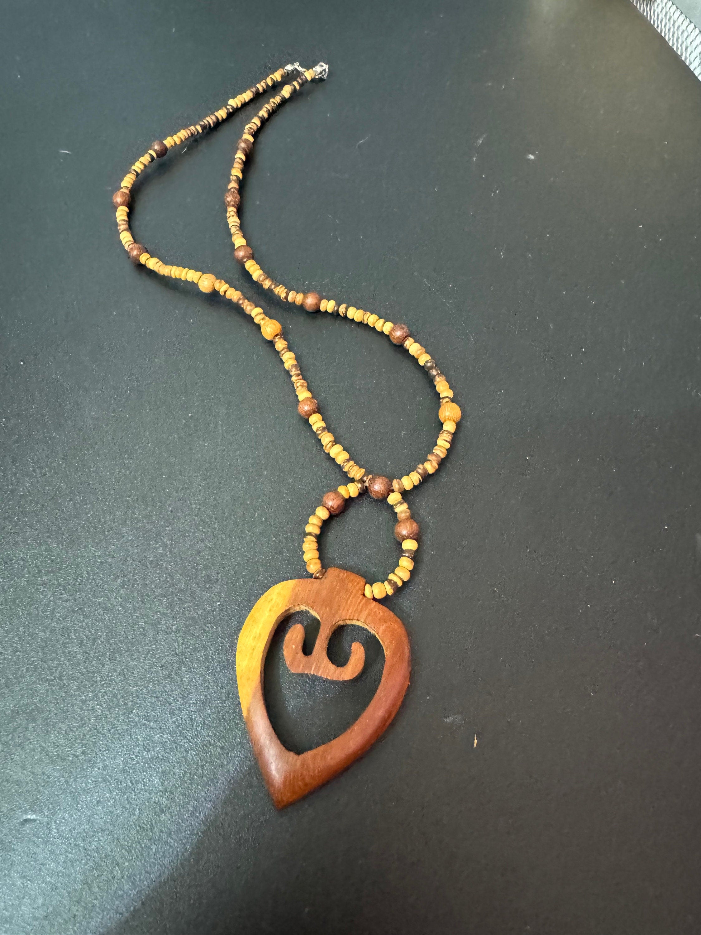 vintage dark brown wooden beaded carved pendant necklace boho festival jewellery