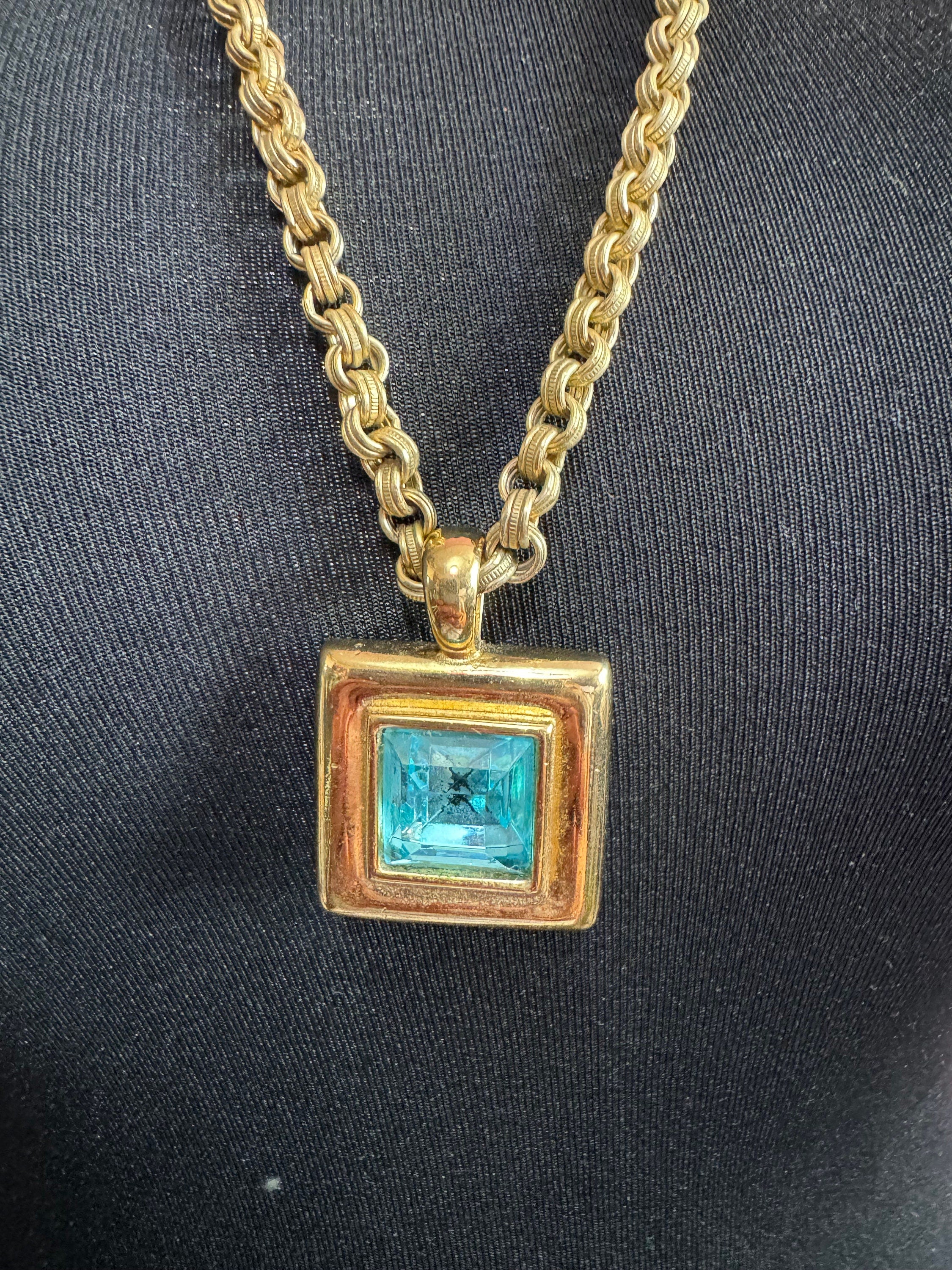 1980s Givenchy, square blue cabochon pendant necklace, designer fully signed