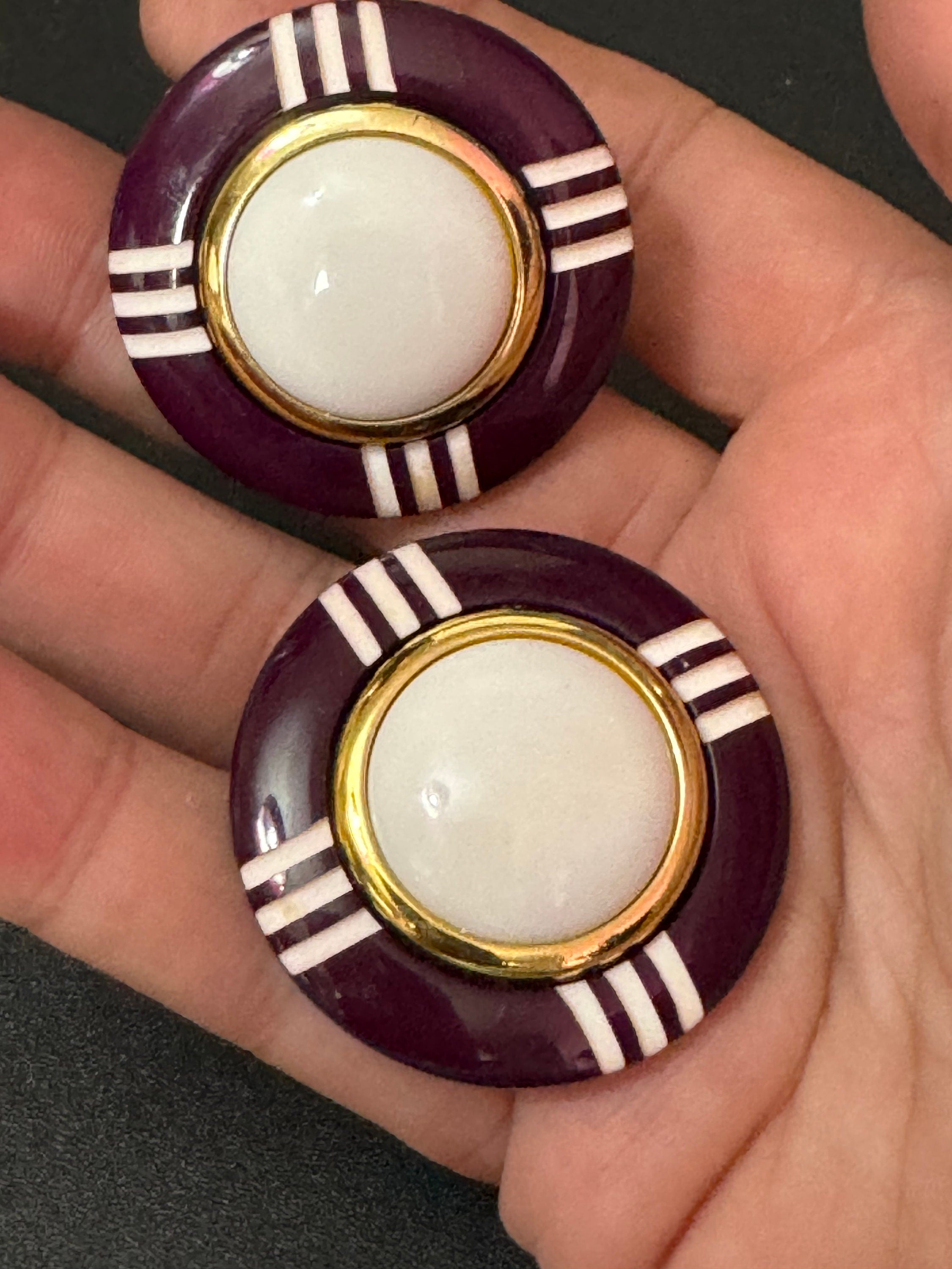Vintage Maroon Button Clip On Earrings: Gold Tone, 4cm