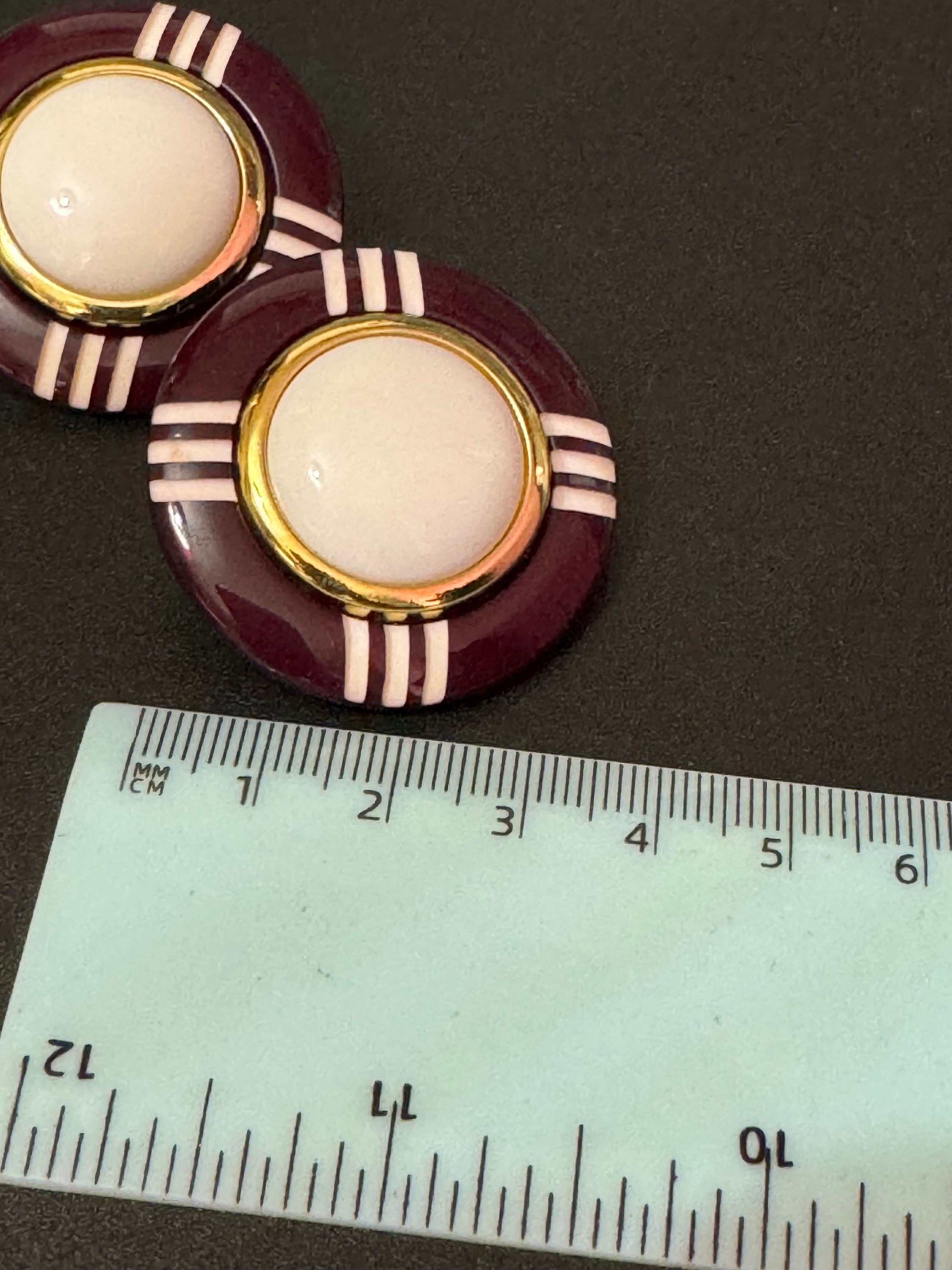 Vintage Maroon Button Clip On Earrings: Gold Tone, 4cm