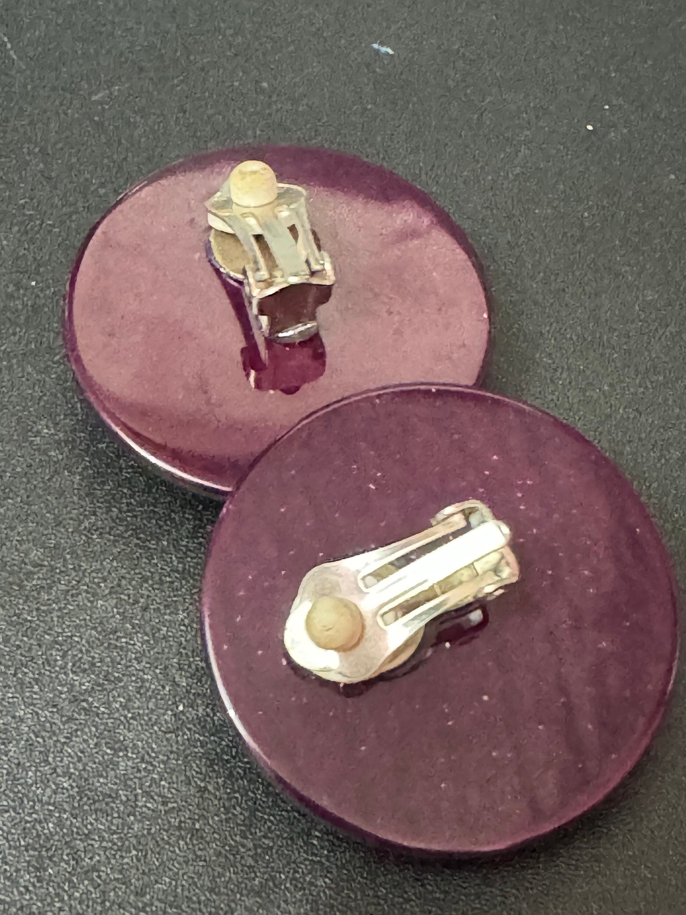 Vintage Maroon Button Clip On Earrings: Gold Tone, 4cm