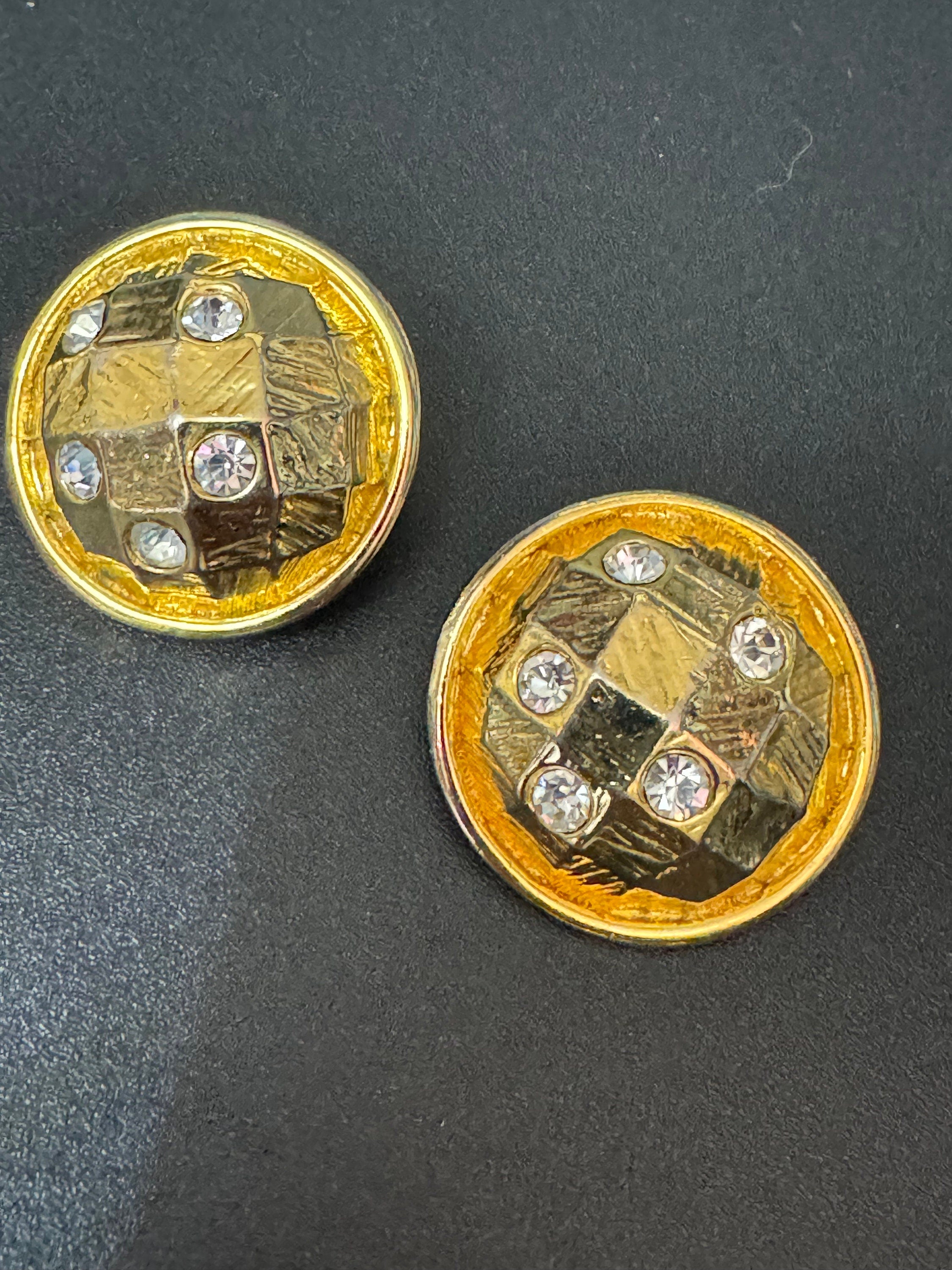 Vintage retro gold tone statement clear glass diamante paste pair stud earrings clip on