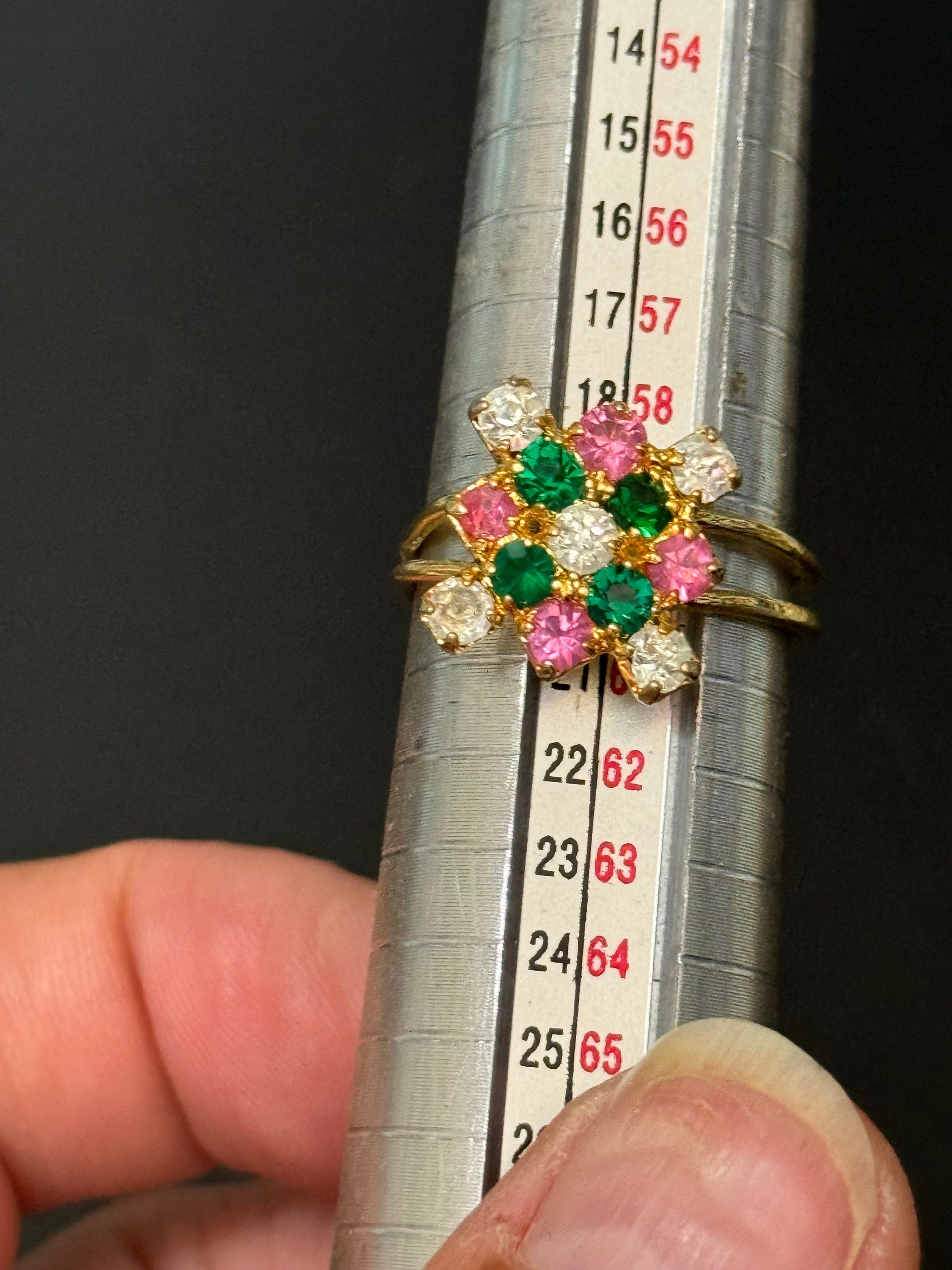 Vintage gold tone pink green clear rhinestone paste cocktail ring adjustable size