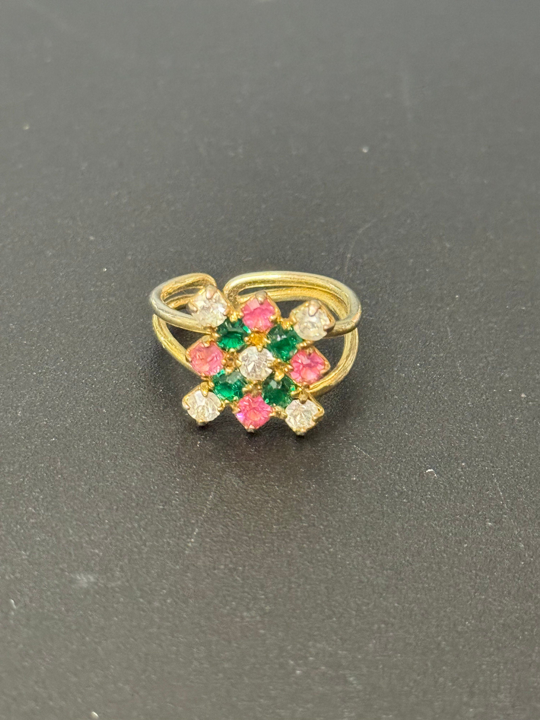 Vintage gold tone pink green clear rhinestone paste cocktail ring adjustable size
