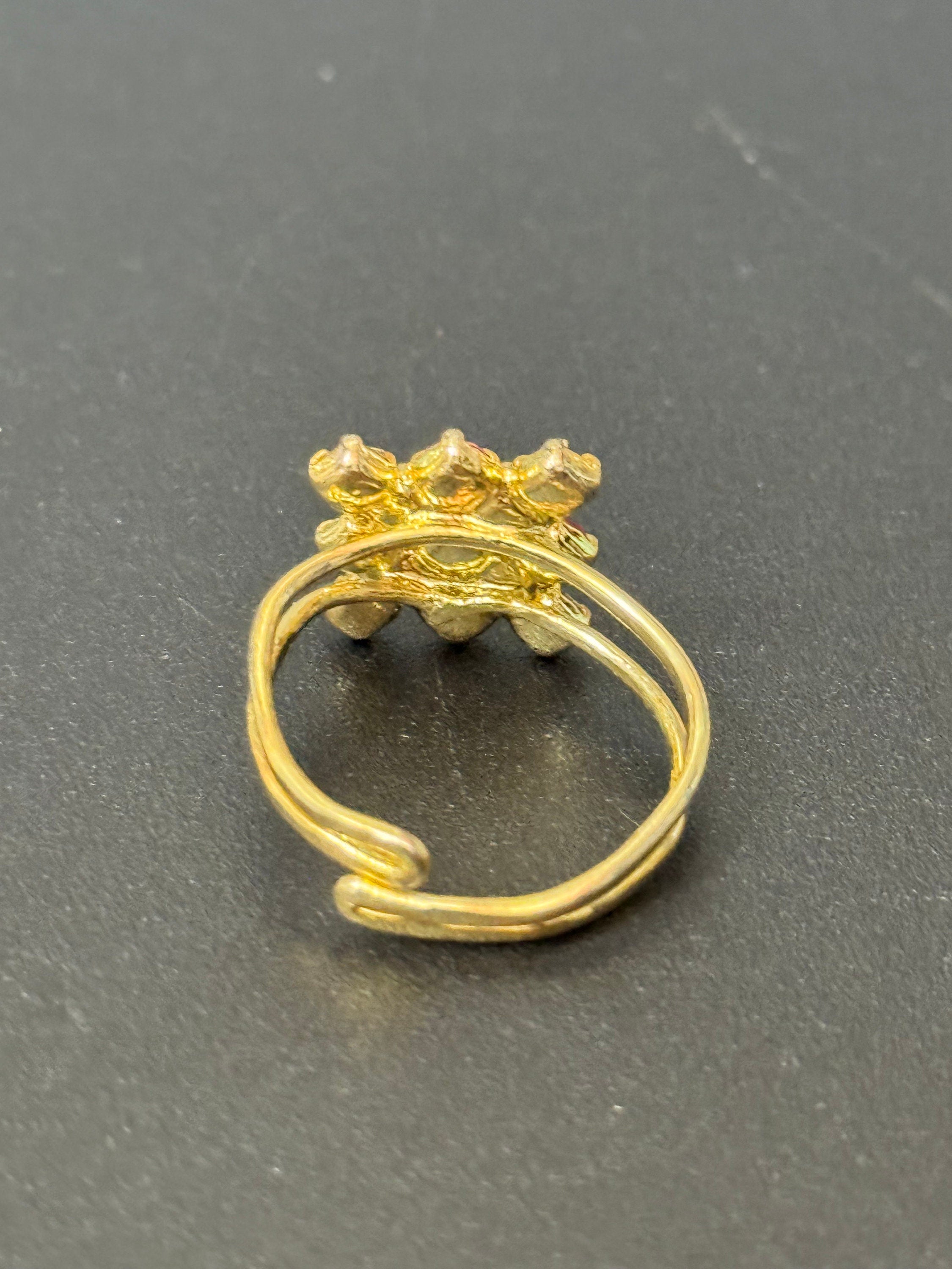 Vintage gold tone pink green clear rhinestone paste cocktail ring adjustable size