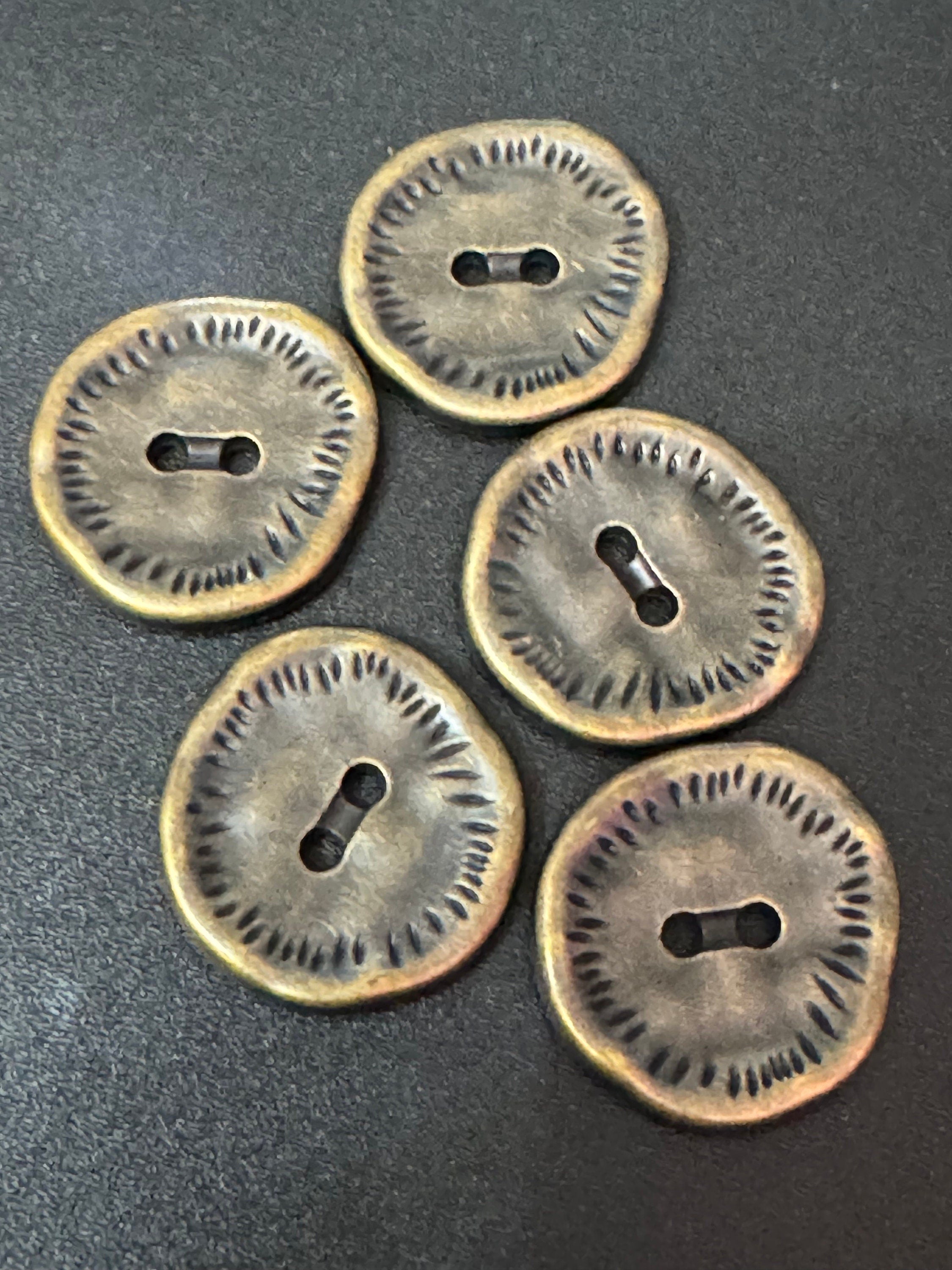 5 x 25mm antiqued bronze tone round irregular textured coat buttons weighty