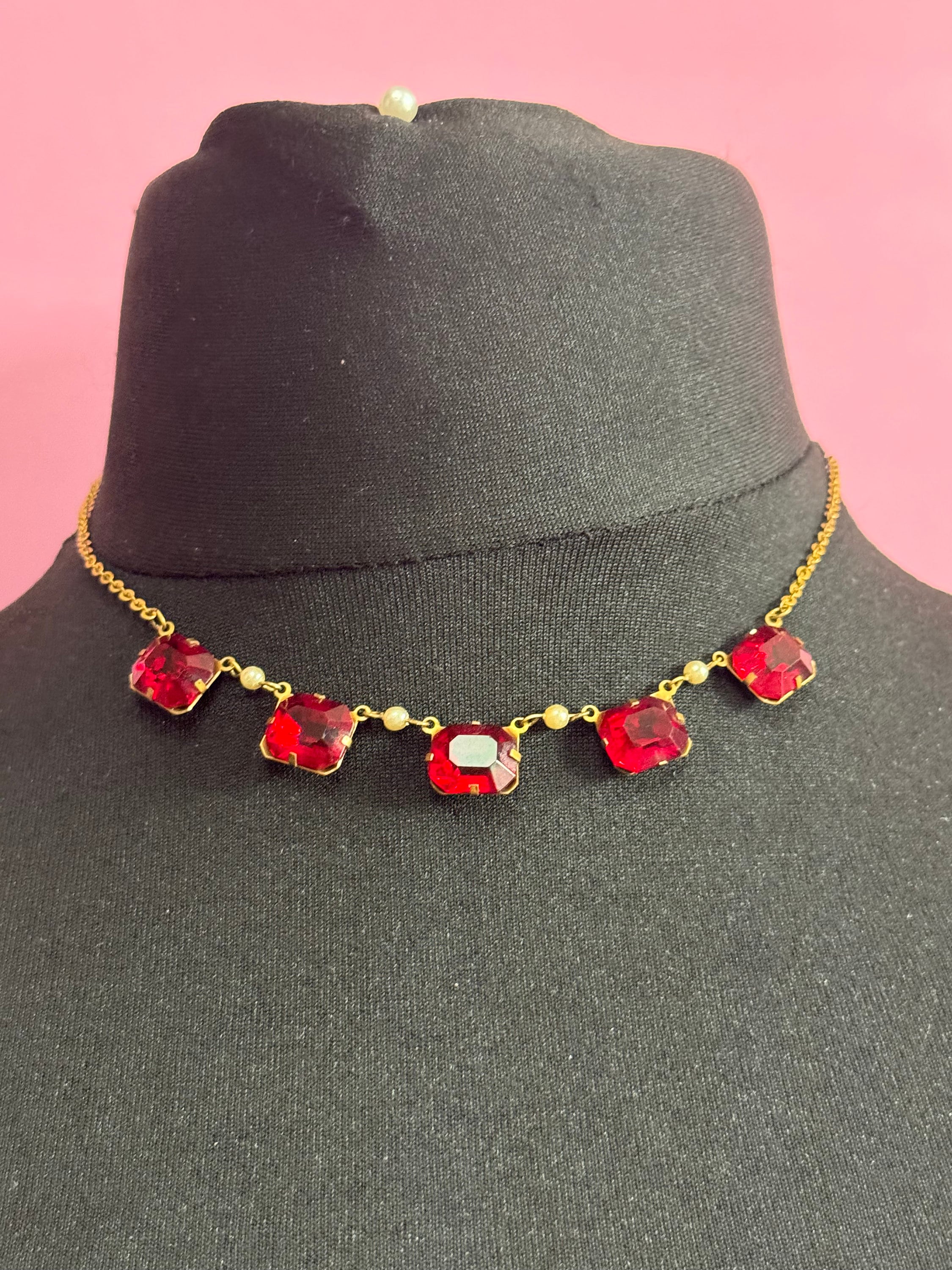 Art deco antique gold tone vintage czech crystal open back necklace Ruby Red Glass paste 41cm