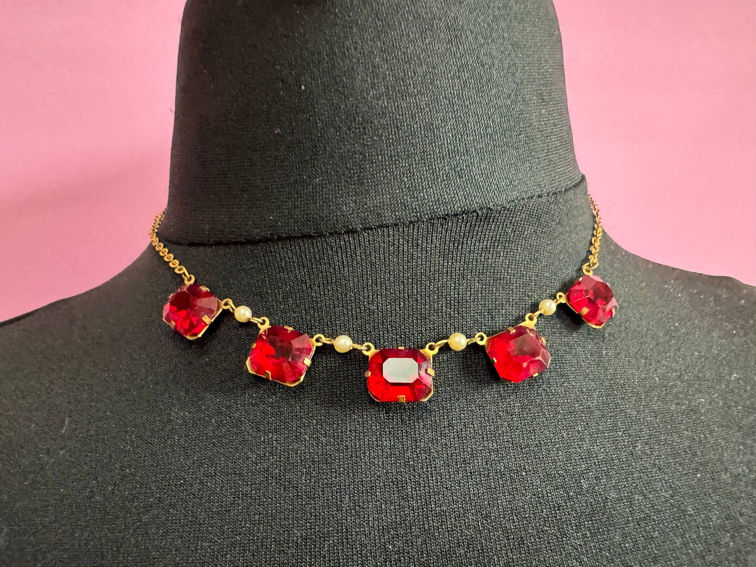Art deco antique gold tone vintage czech crystal open back necklace Ruby Red Glass paste 41cm