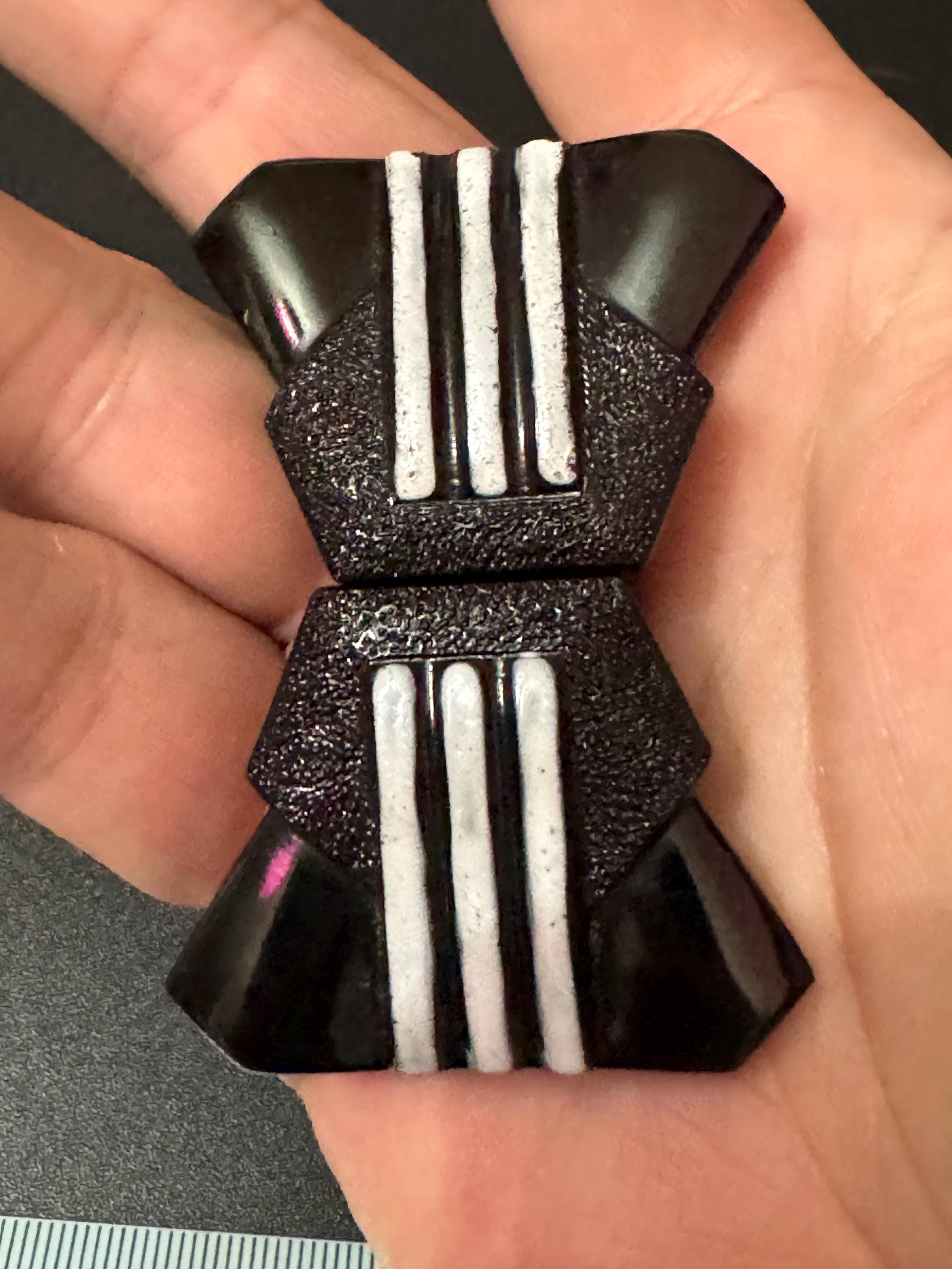 Czech glass Antique Art Deco black and white striped 2 part double bow Belt Buckle monochrome
