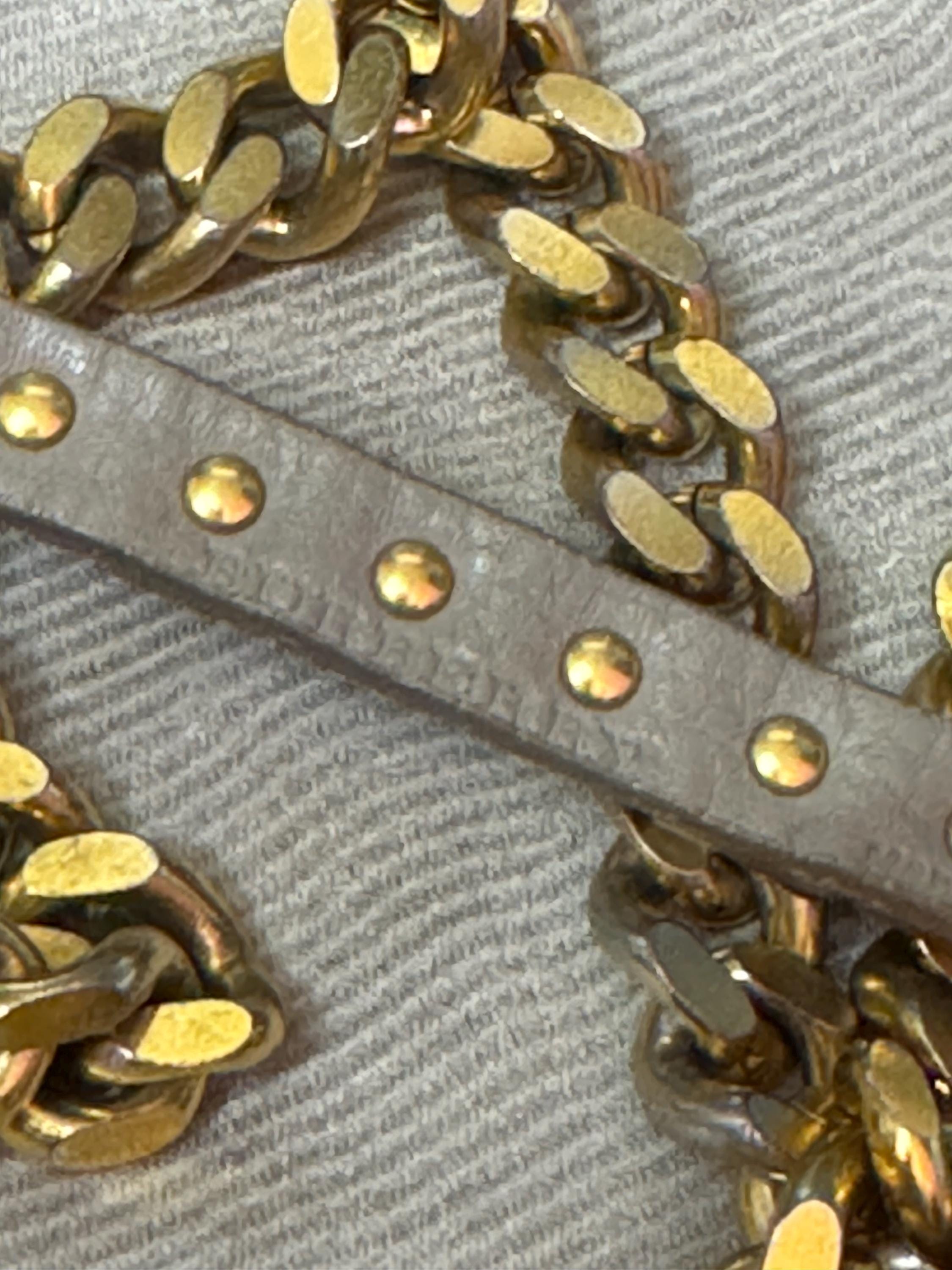 Signed BURBERRY of London taupe beige leather gold studded long flat curb chain flapper length layering necklace