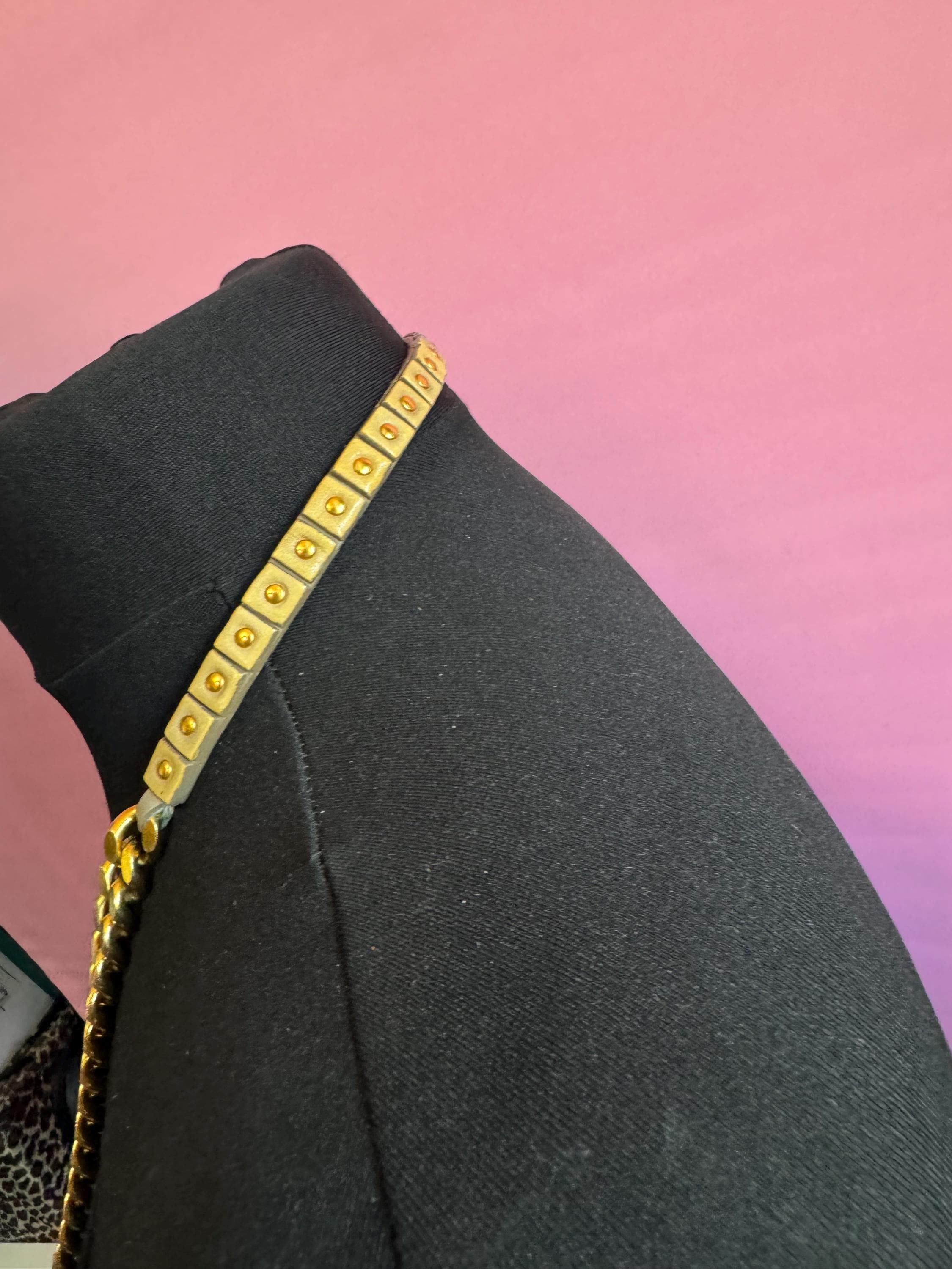 Signed BURBERRY of London taupe beige leather gold studded long flat curb chain flapper length layering necklace