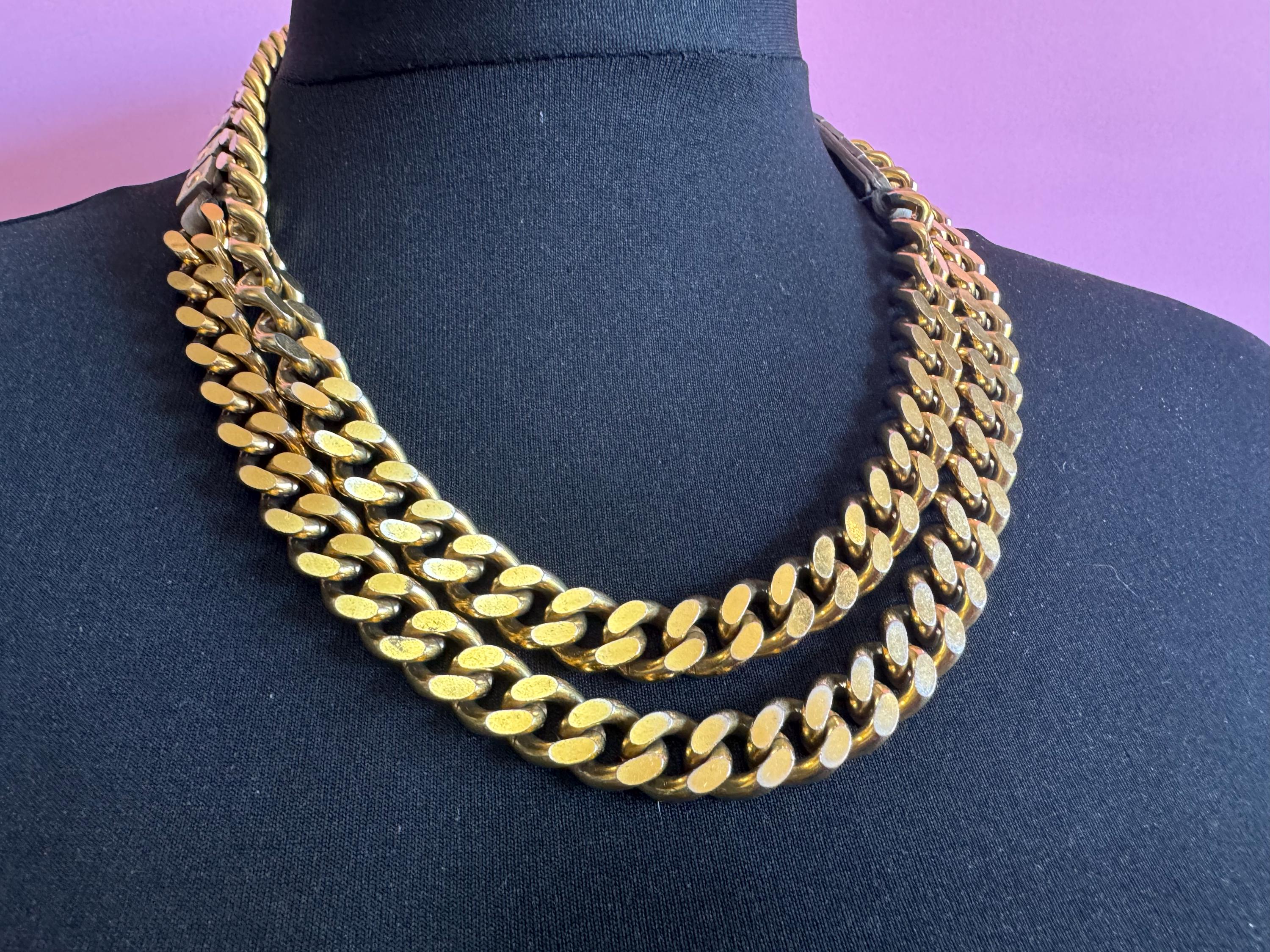 Signed BURBERRY of London taupe beige leather gold studded long flat curb chain flapper length layering necklace