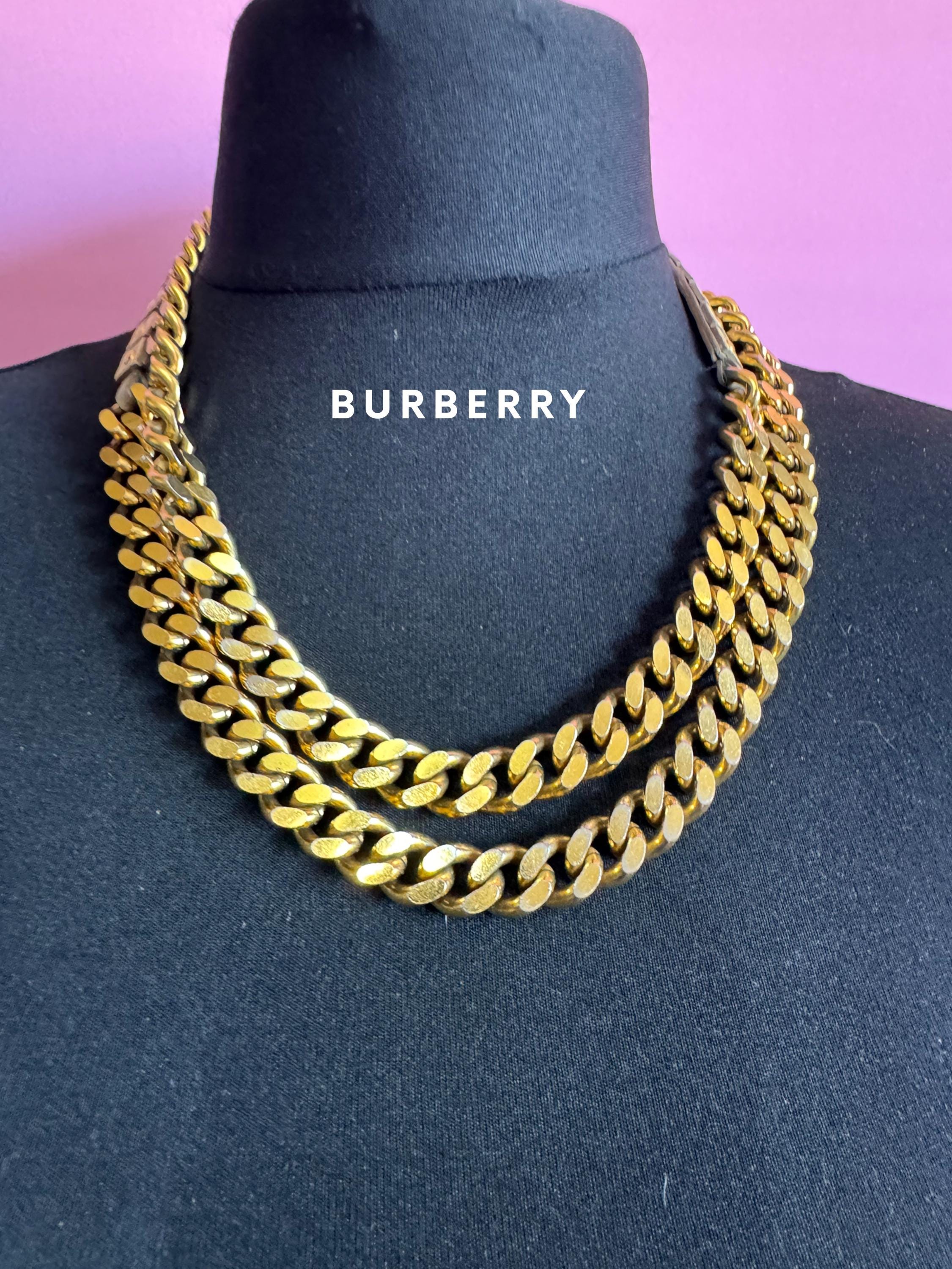 Signed BURBERRY of London taupe beige leather gold studded long flat curb chain flapper length layering necklace