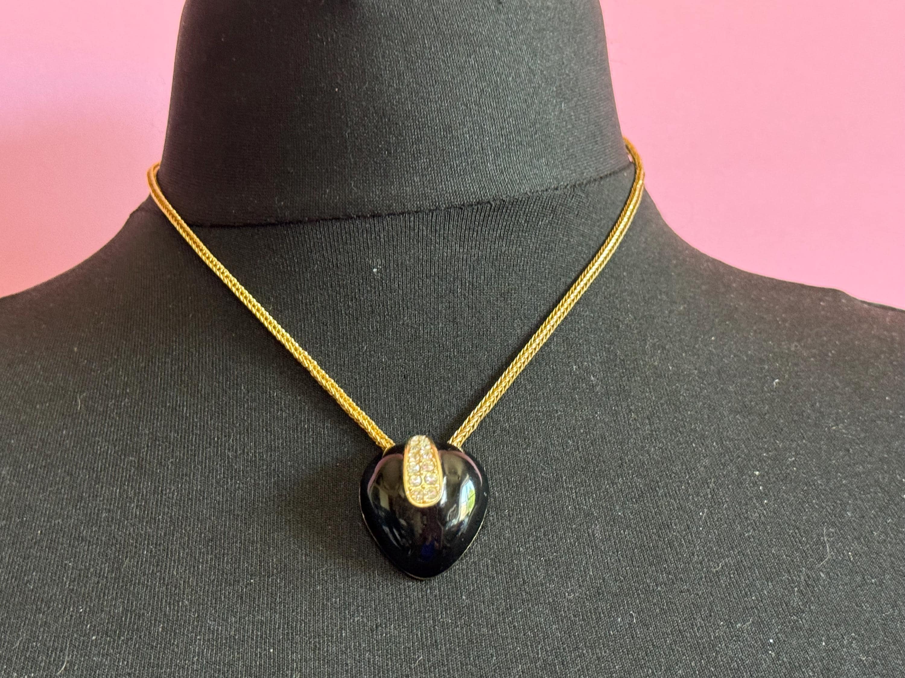 Signed A&S Attwood and Sawyer designer black enamel rhinestone clear crystal paste set pendant necklace gold tone