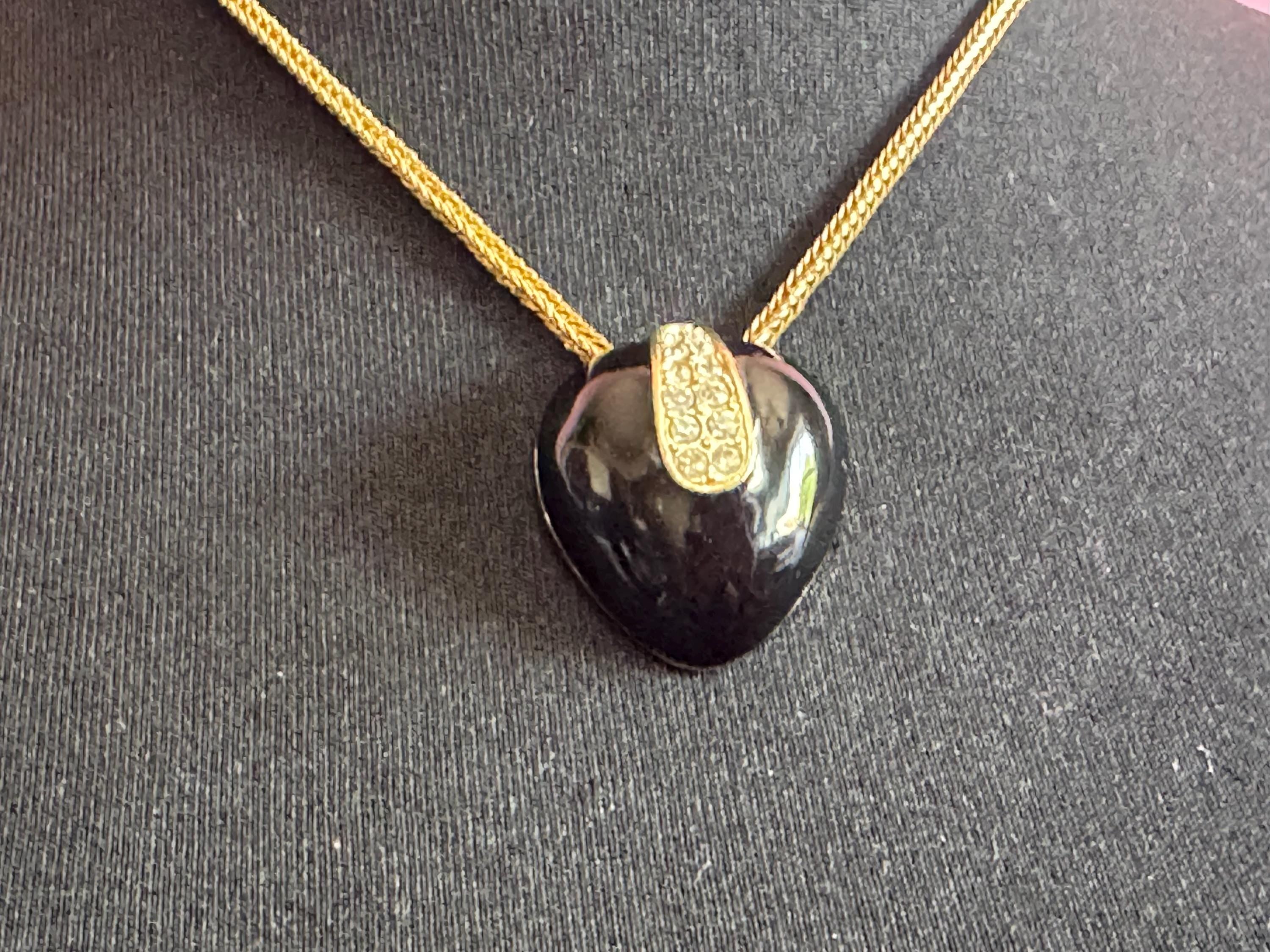 Signed A&S Attwood and Sawyer designer black enamel rhinestone clear crystal paste set pendant necklace gold tone