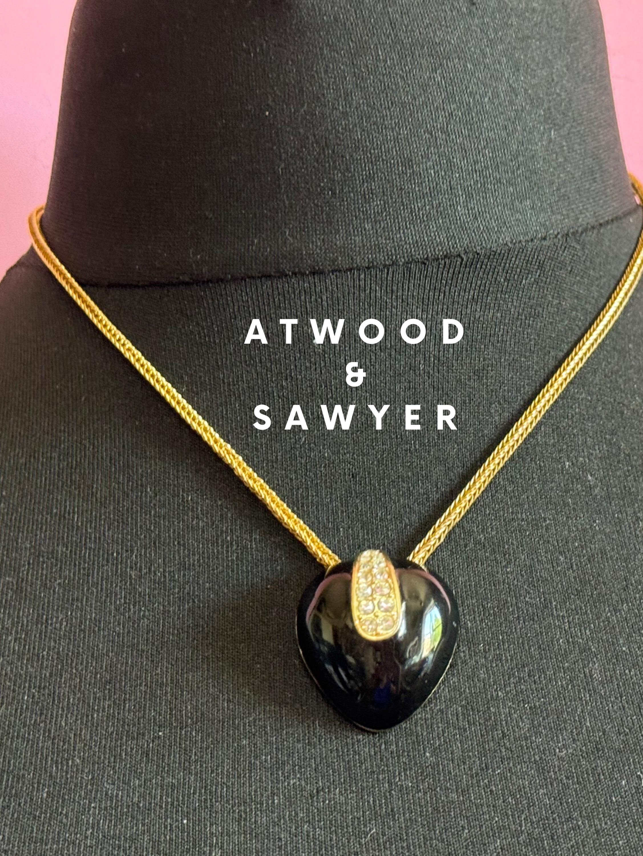 Signed A&S Attwood and Sawyer designer black enamel rhinestone clear crystal paste set pendant necklace gold tone