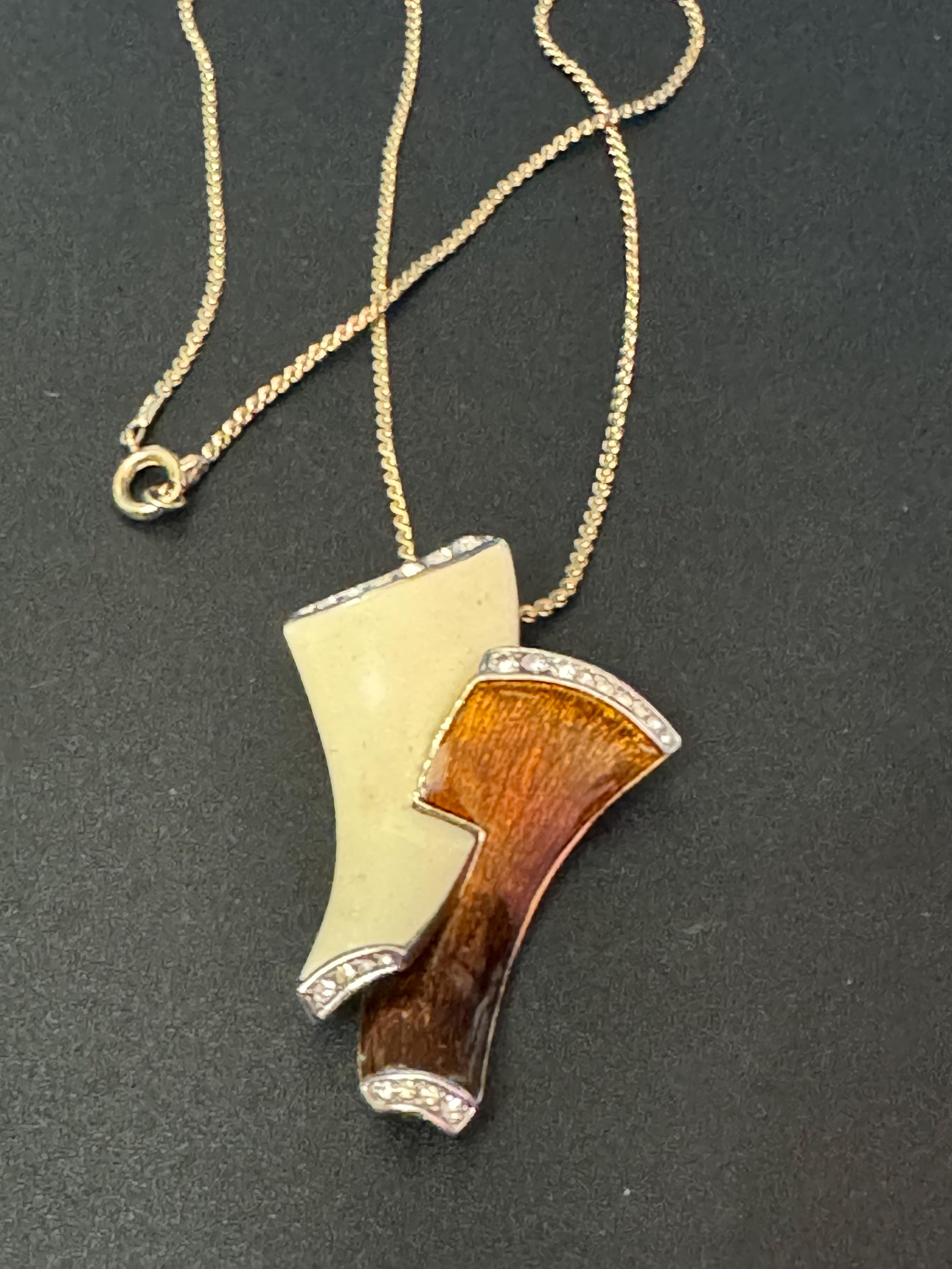 Signed A&S Attwood and Sawyer designer cream and brown enamel rhinestone clear crystal paste set pendant necklace gold tone