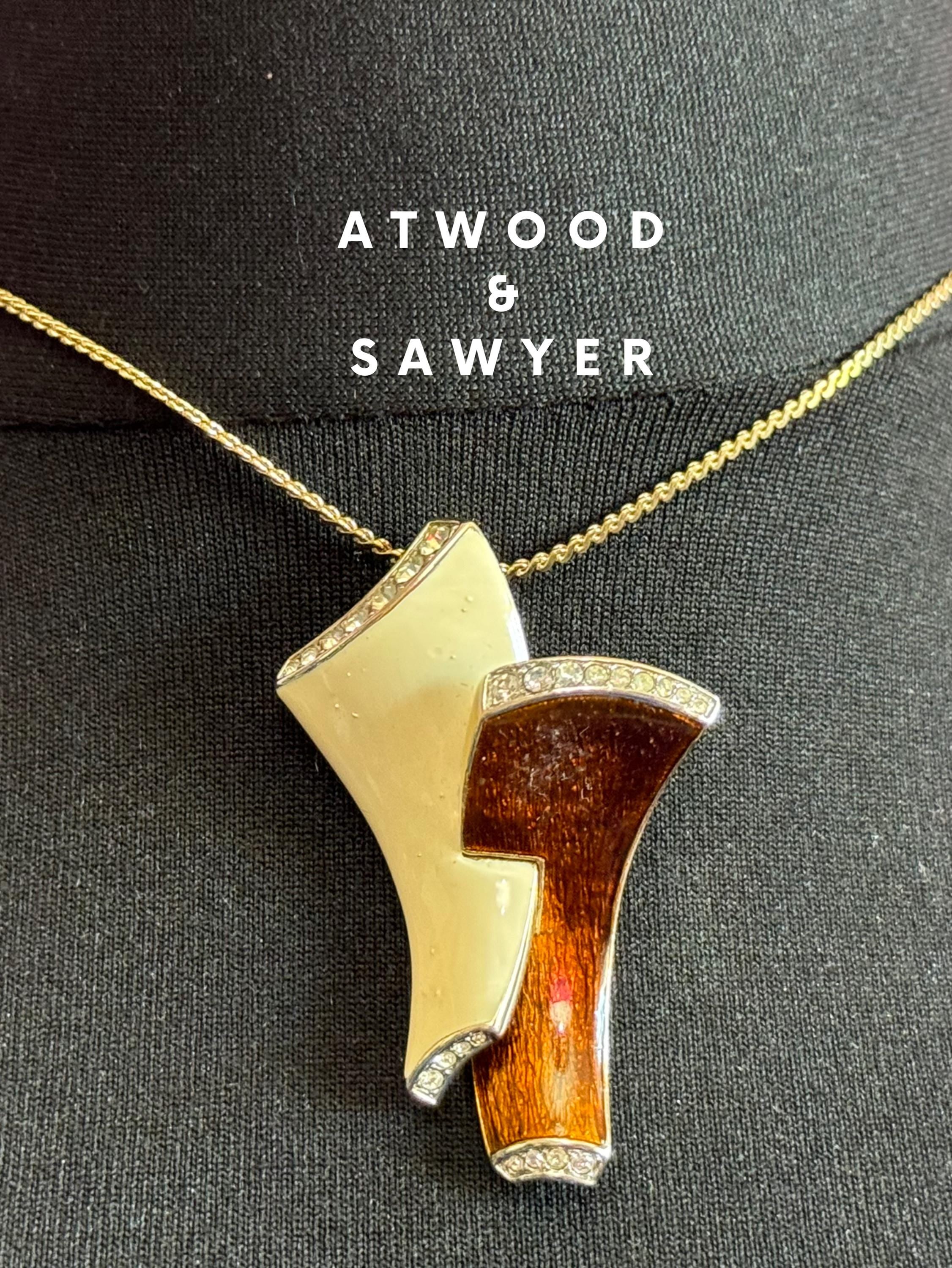 Signed A&S Attwood and Sawyer designer cream and brown enamel rhinestone clear crystal paste set pendant necklace gold tone