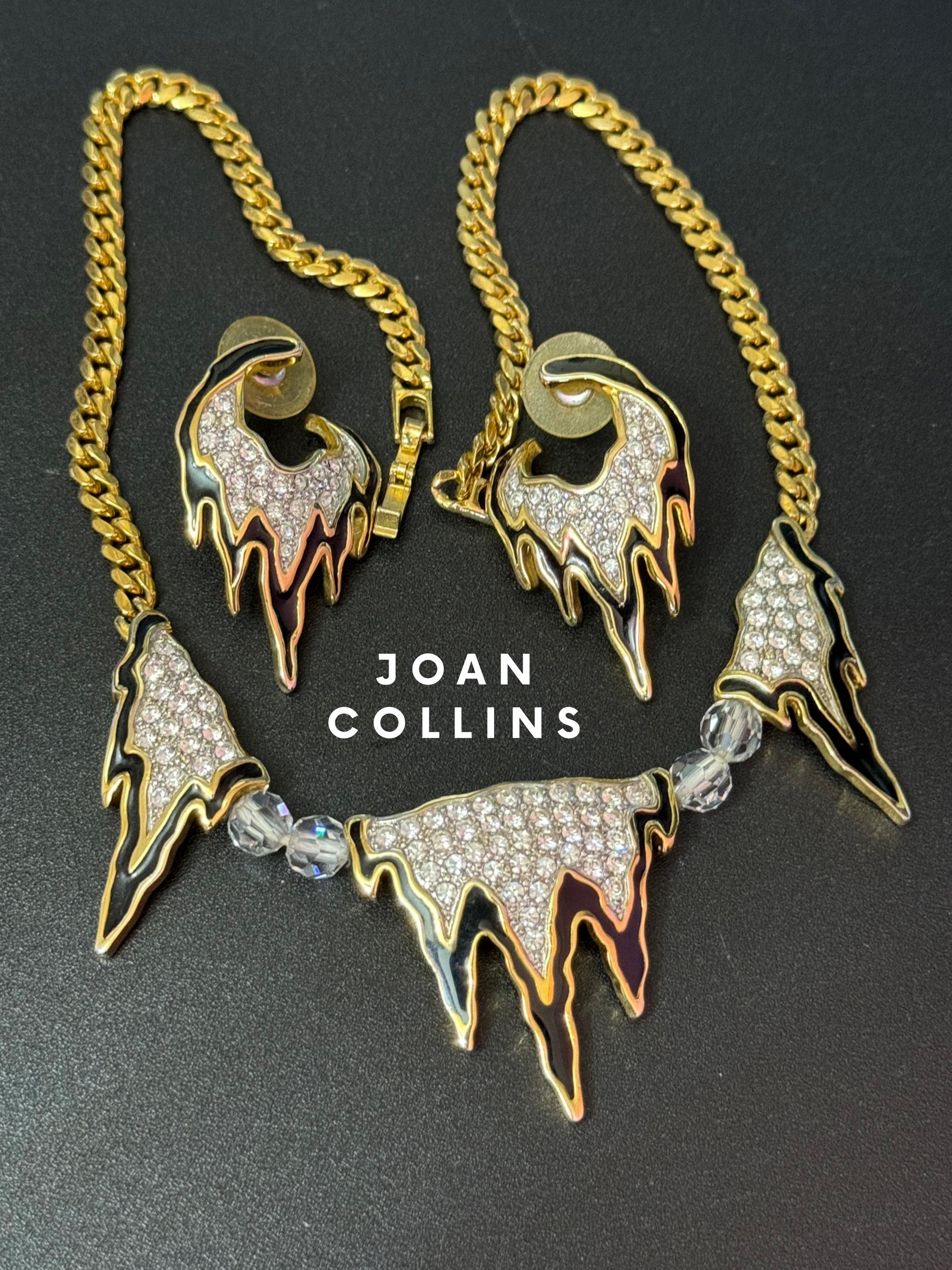 Vintage Joan Collins black enamel and clear crystal diamanté necklace and pierced drop earrings jewellery set