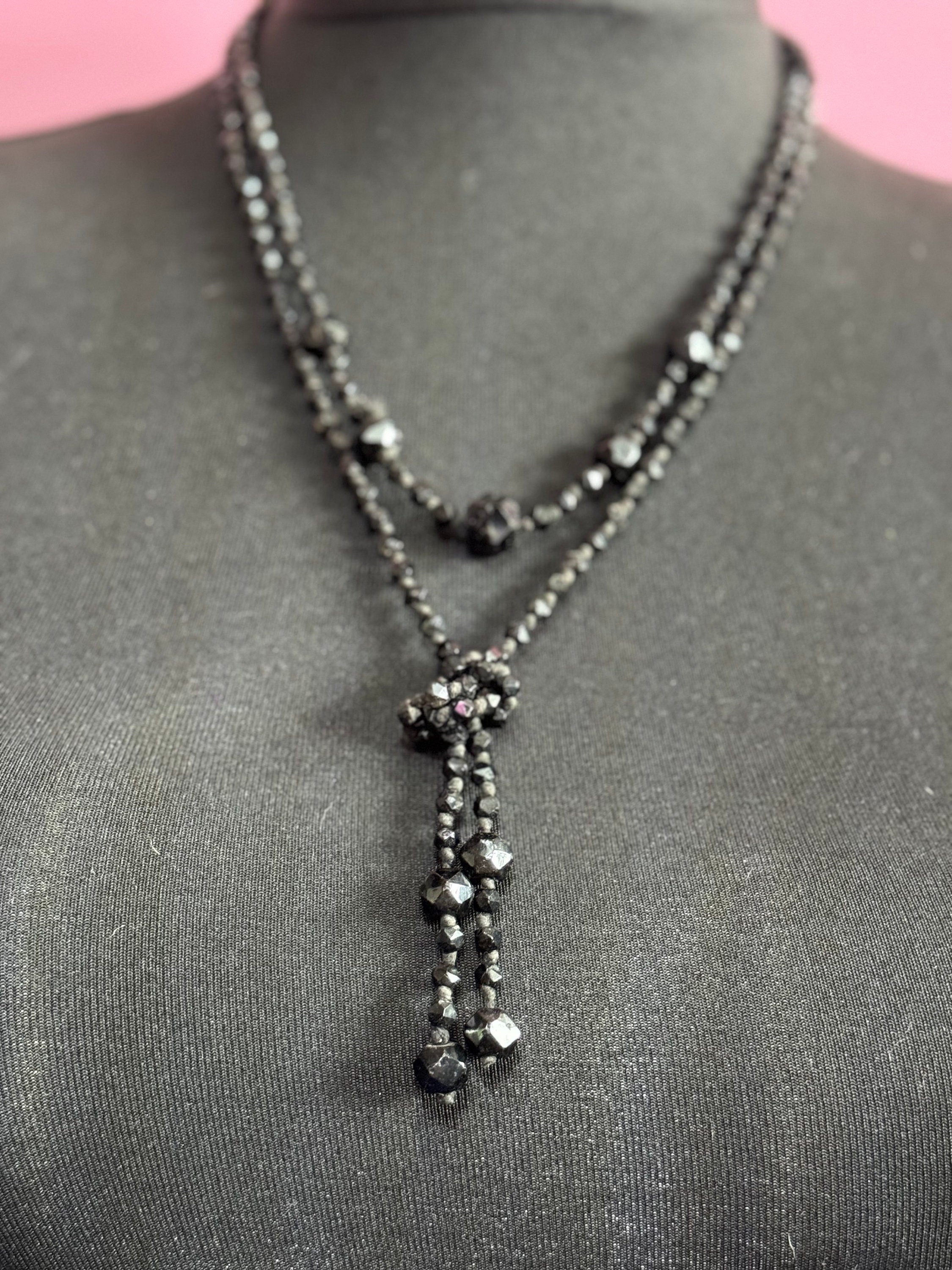 vintage French Jet Black Glass Lariat or sautoir long beaded necklace faceted glass beads vintage art deco 1920s 1930s