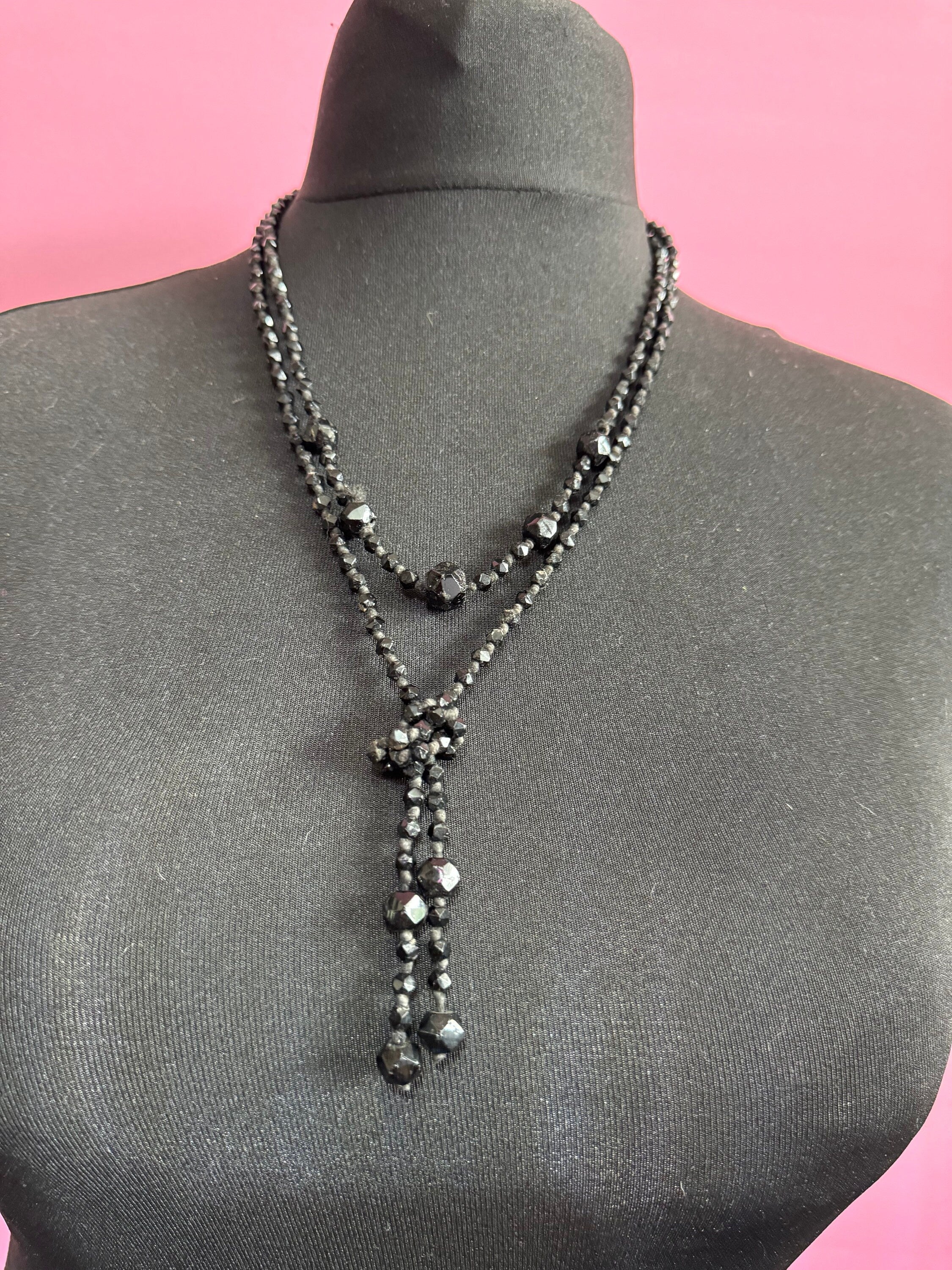 vintage French Jet Black Glass Lariat or sautoir long beaded necklace faceted glass beads vintage art deco 1920s 1930s