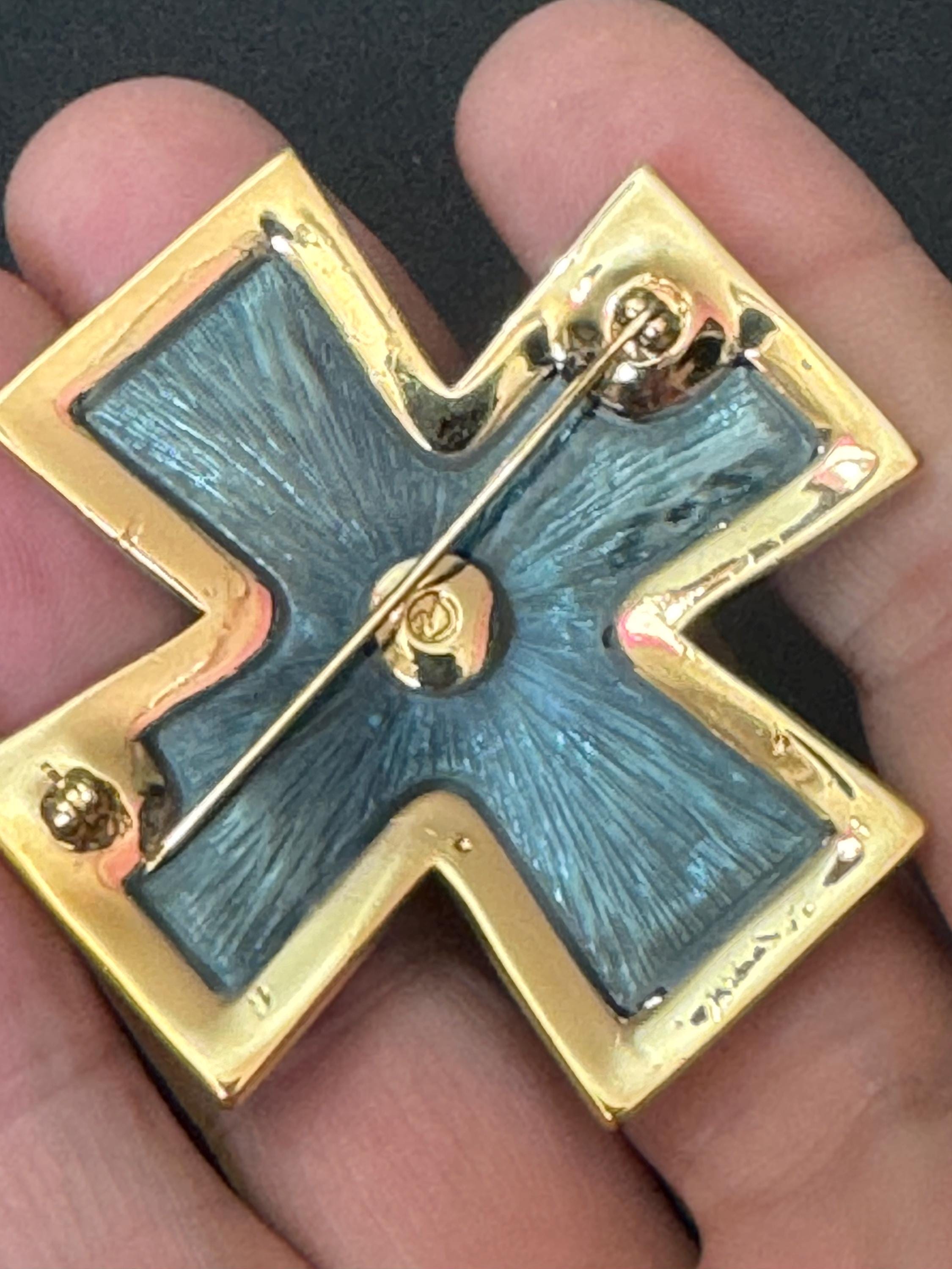 Retired Swarovski Crystal Maltese Cross Brooch: Diamanté Gold Tone, signed