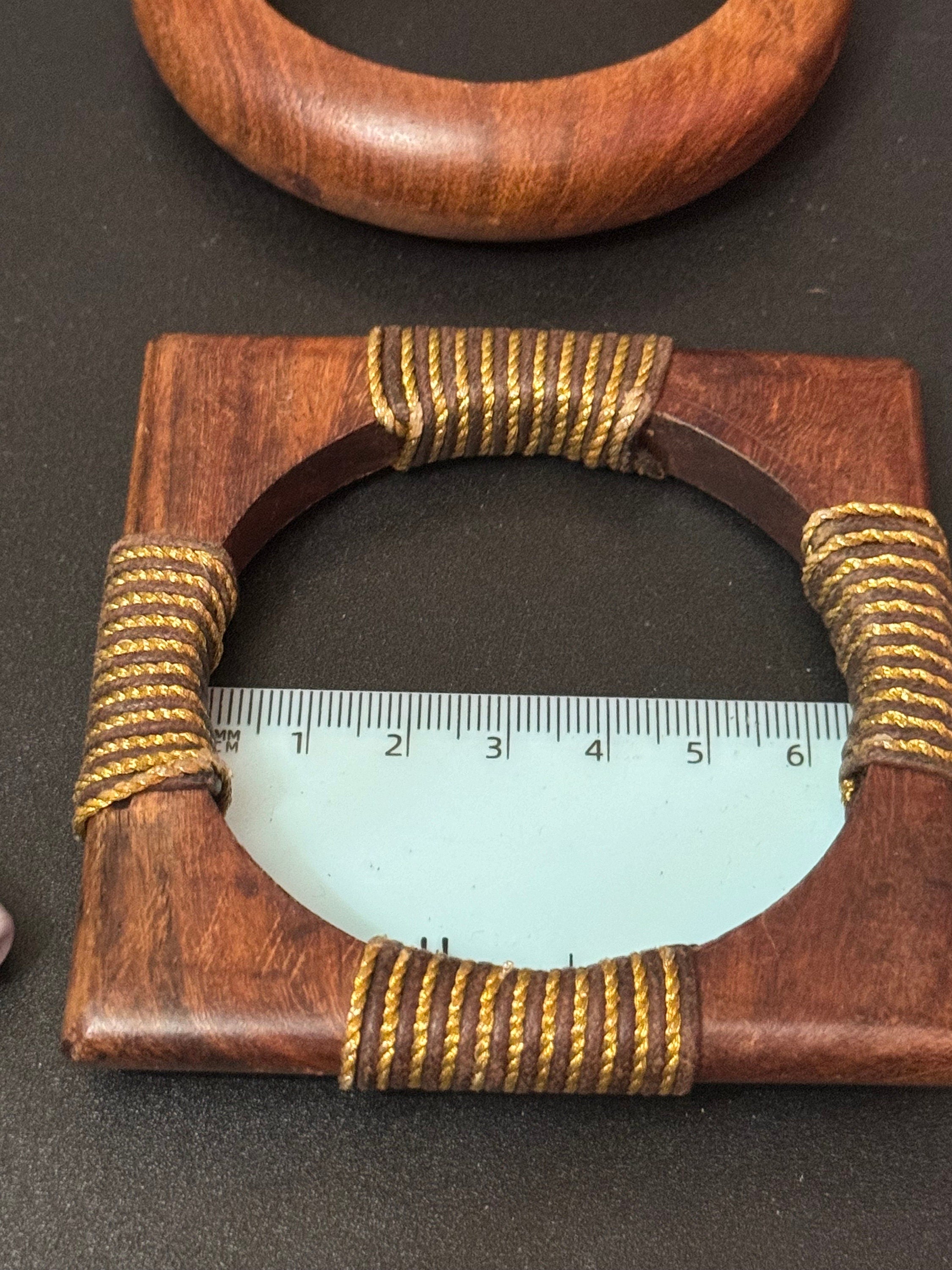 Vintage Wooden Stacking Bangles: Brown Boho Tribal Bracelets