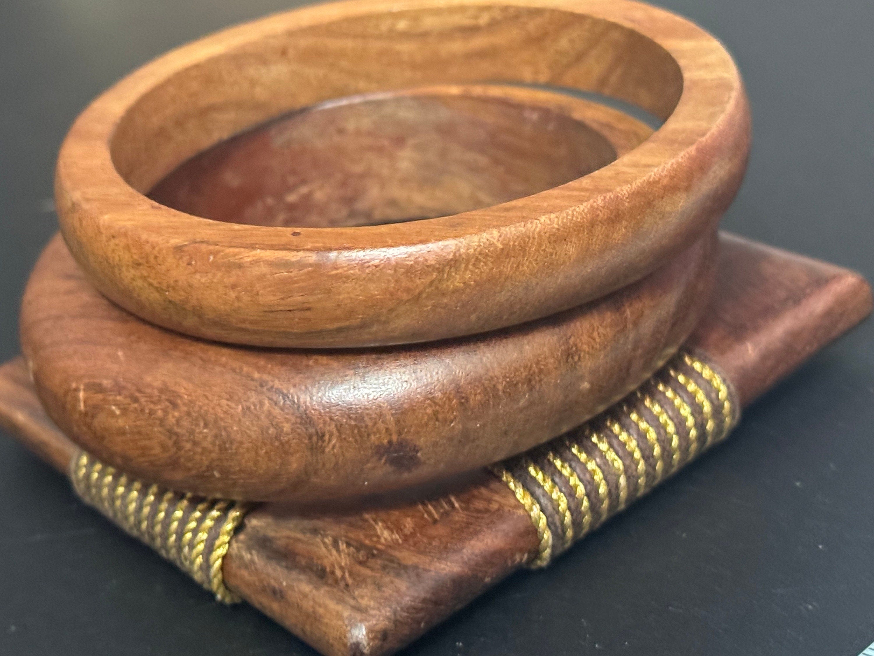 Vintage Wooden Stacking Bangles: Brown Boho Tribal Bracelets