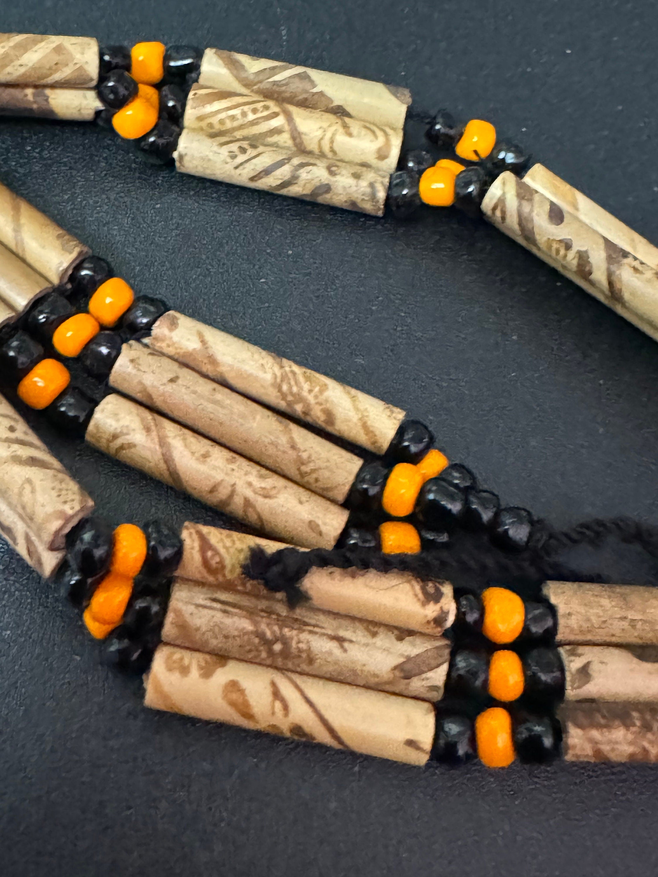 Boho Wooden Beaded Choker: Retro Orange & Black Tie Necklace